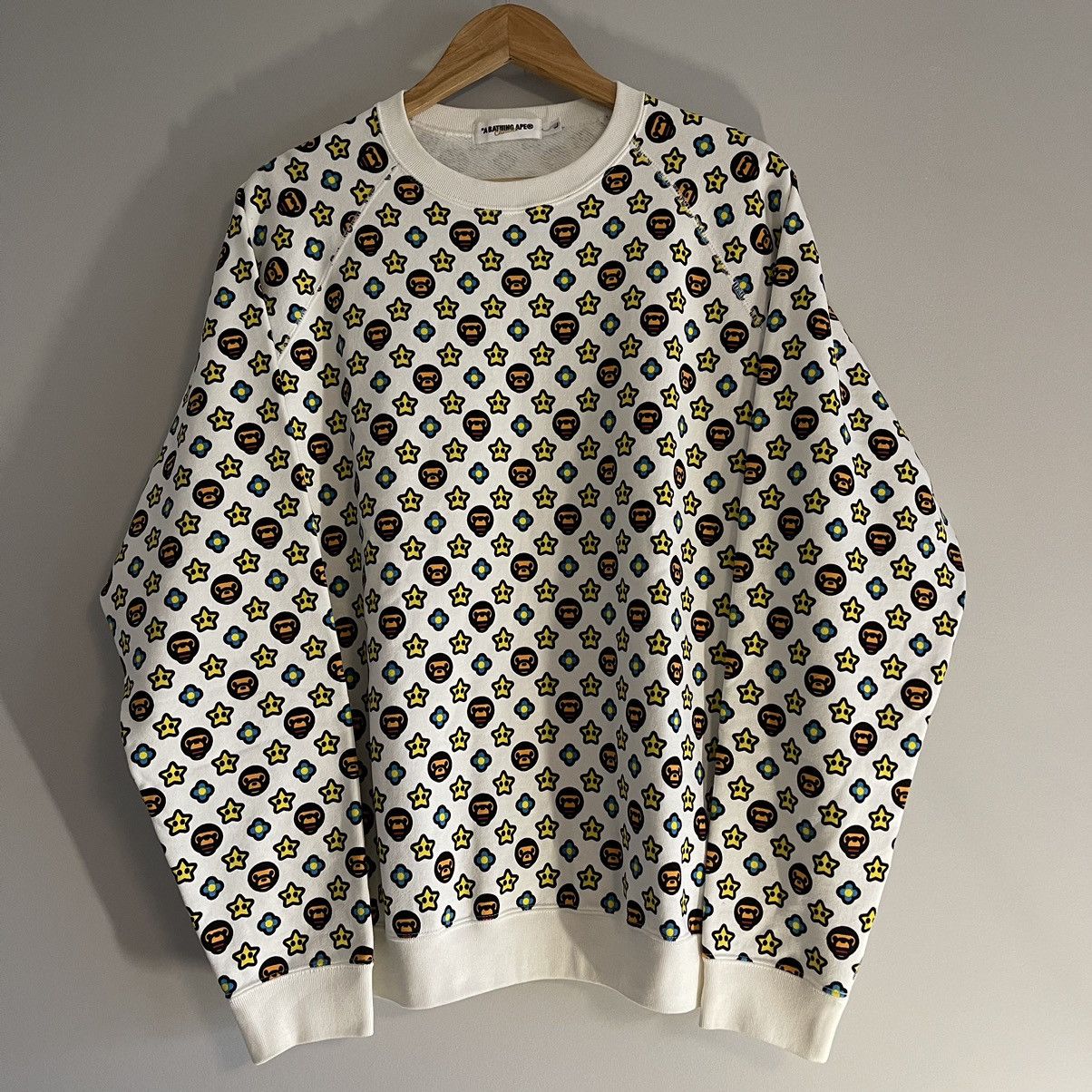image of Og Bape Baby Milo Monogram Star Crewneck Sweater in White, Men's (Size Medium)