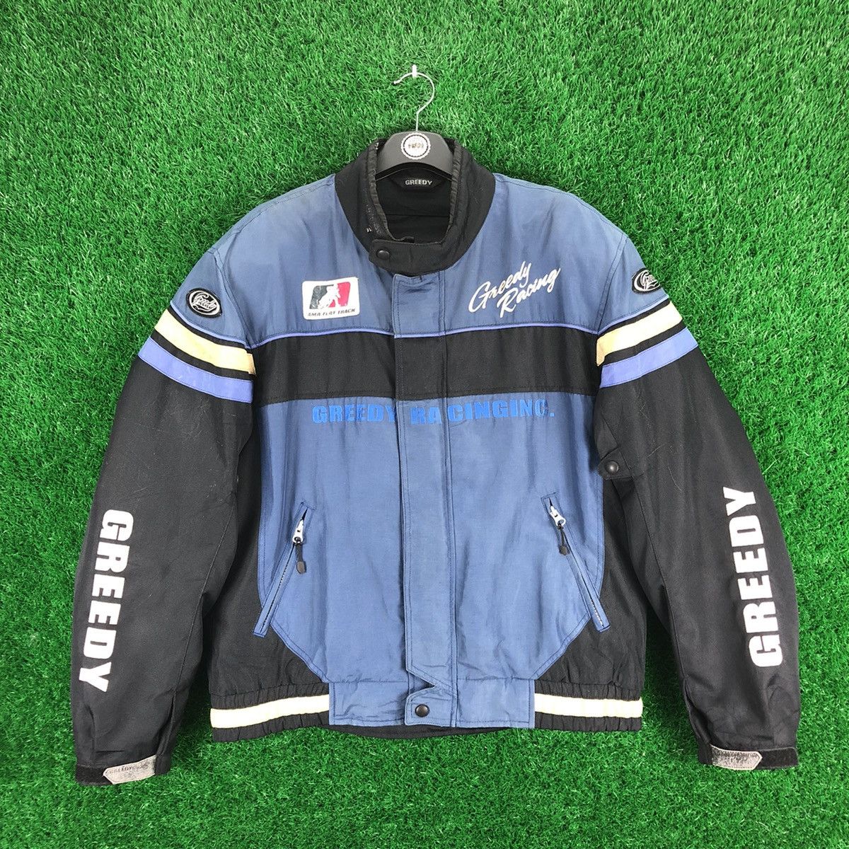 image of Greedy Genius x Racing Vintage Greedy Racing Motocycle Jacket Embroidered in Black/Blue (Size 2XL)