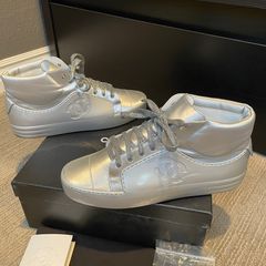 Chanel 22S Mens Silver Grey Black White CC Logo Low Top Trainer Sneaker 43  10