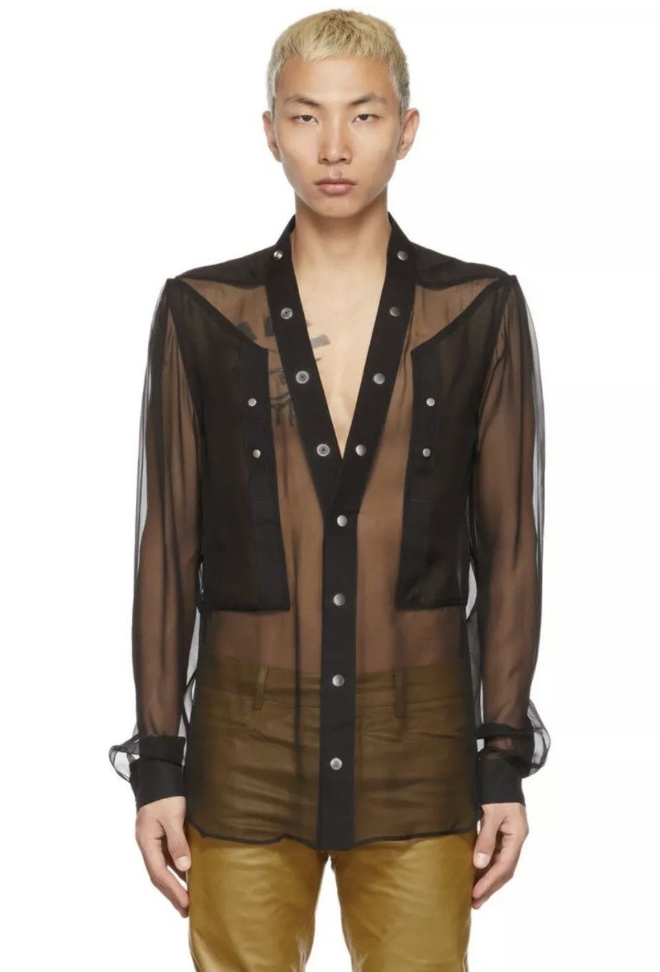 image of Rick Owens Sheer Silk Fogpocket Larry Shirt in Black, Men's (Size Large)