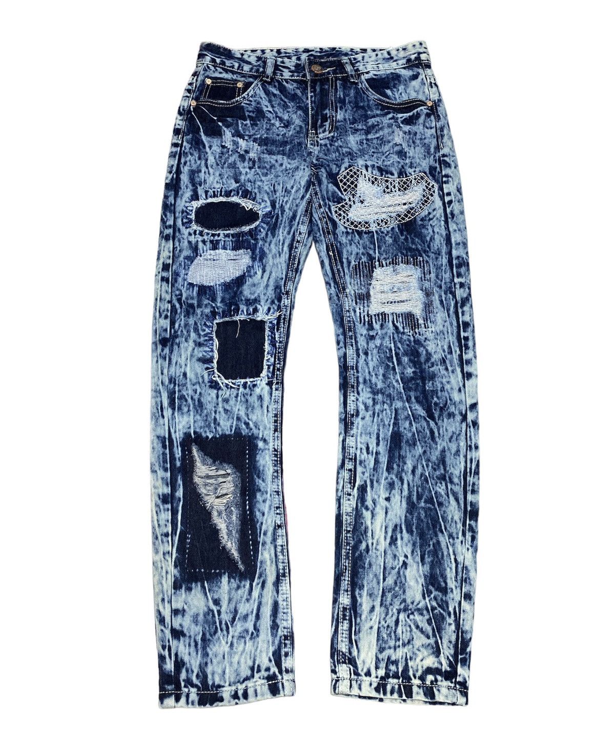 Sail Blue Checkered Side Panel Patchwork Drawstring Loose Denim Pants