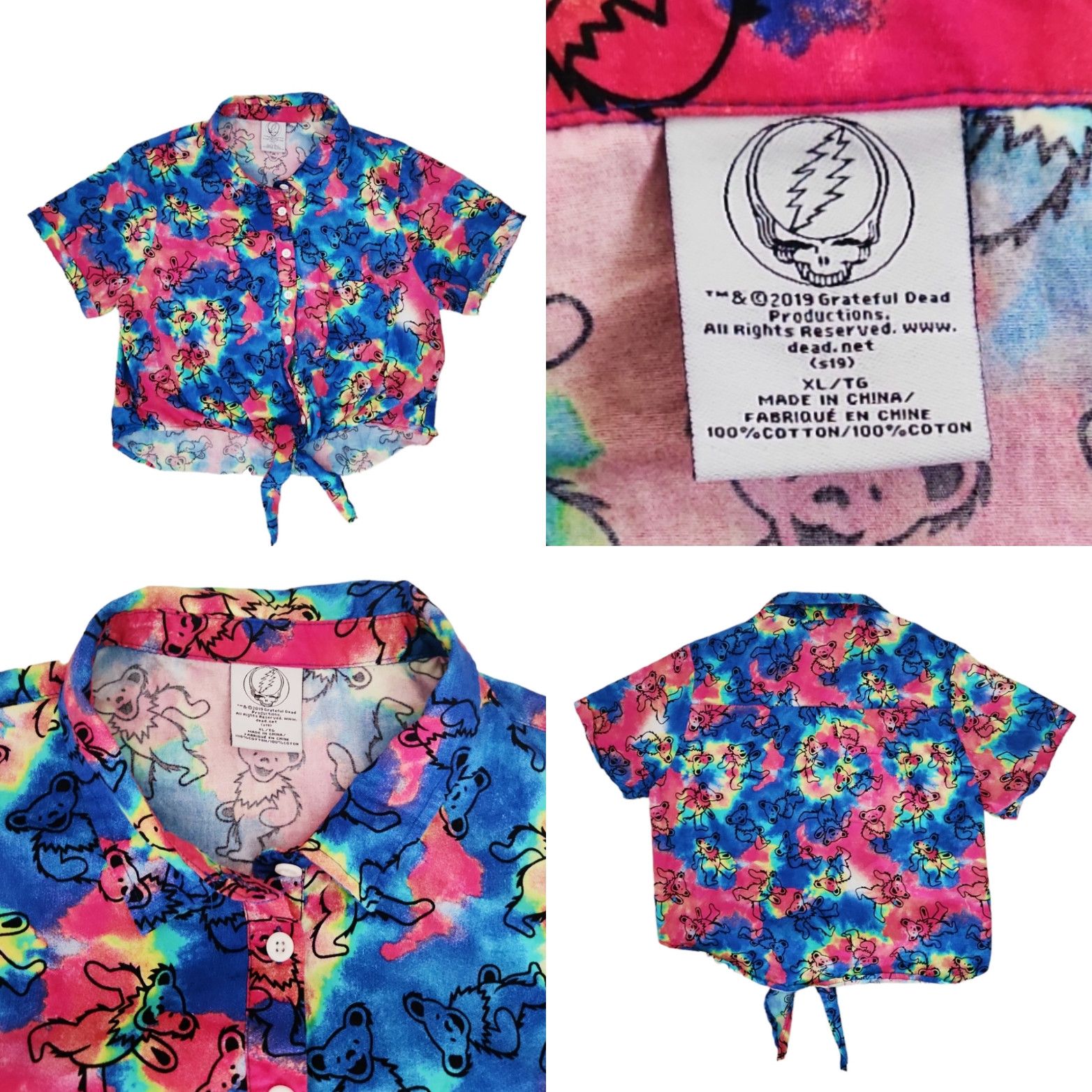 Rare GRATEFUL DEAD Tie Dye Button Down Crop Tie Knot SZ XL
