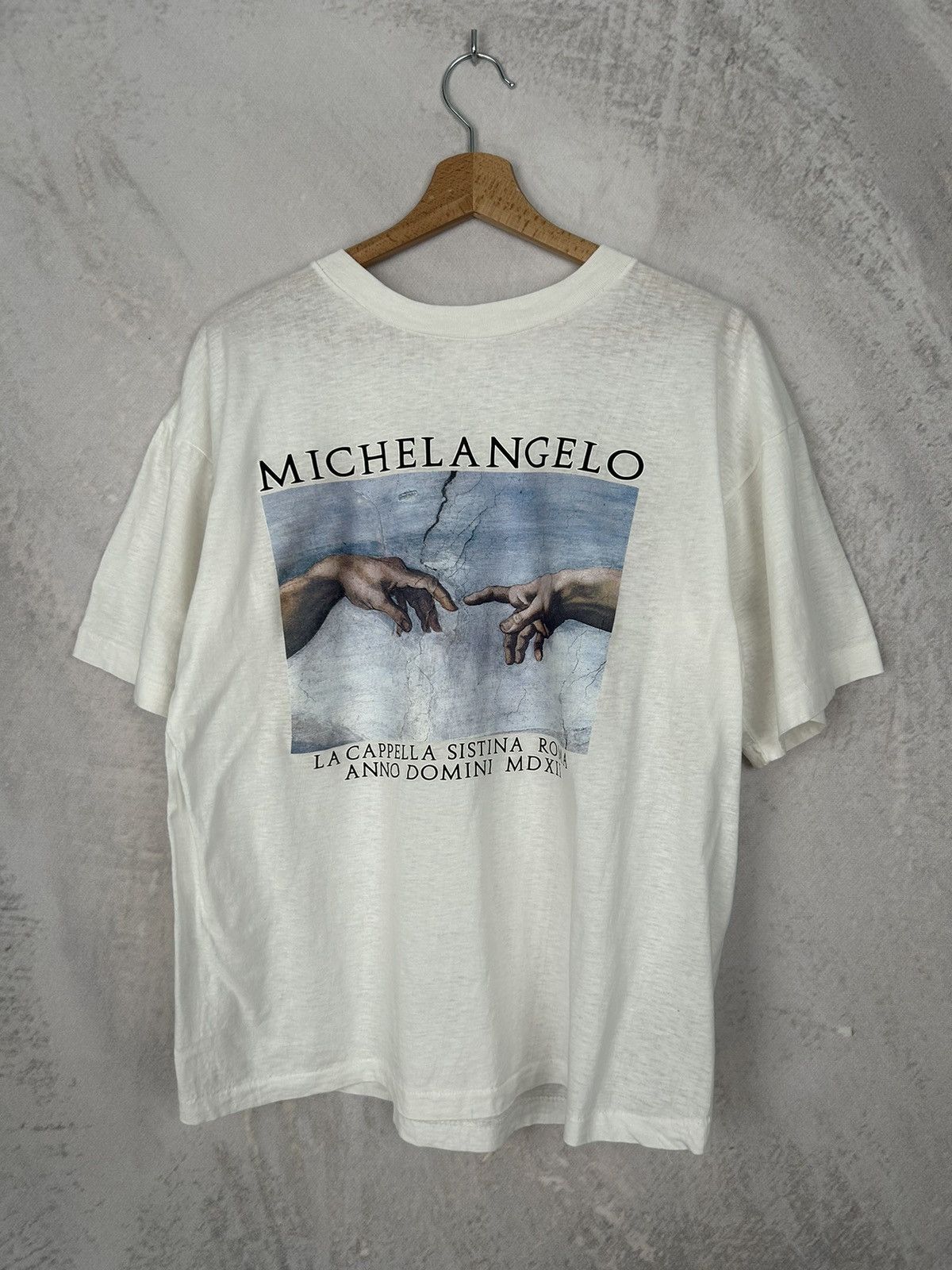 image of Vintage 80's Michelangelo The Creation Of Adam Graphic Art in White, Men's (Size XL)