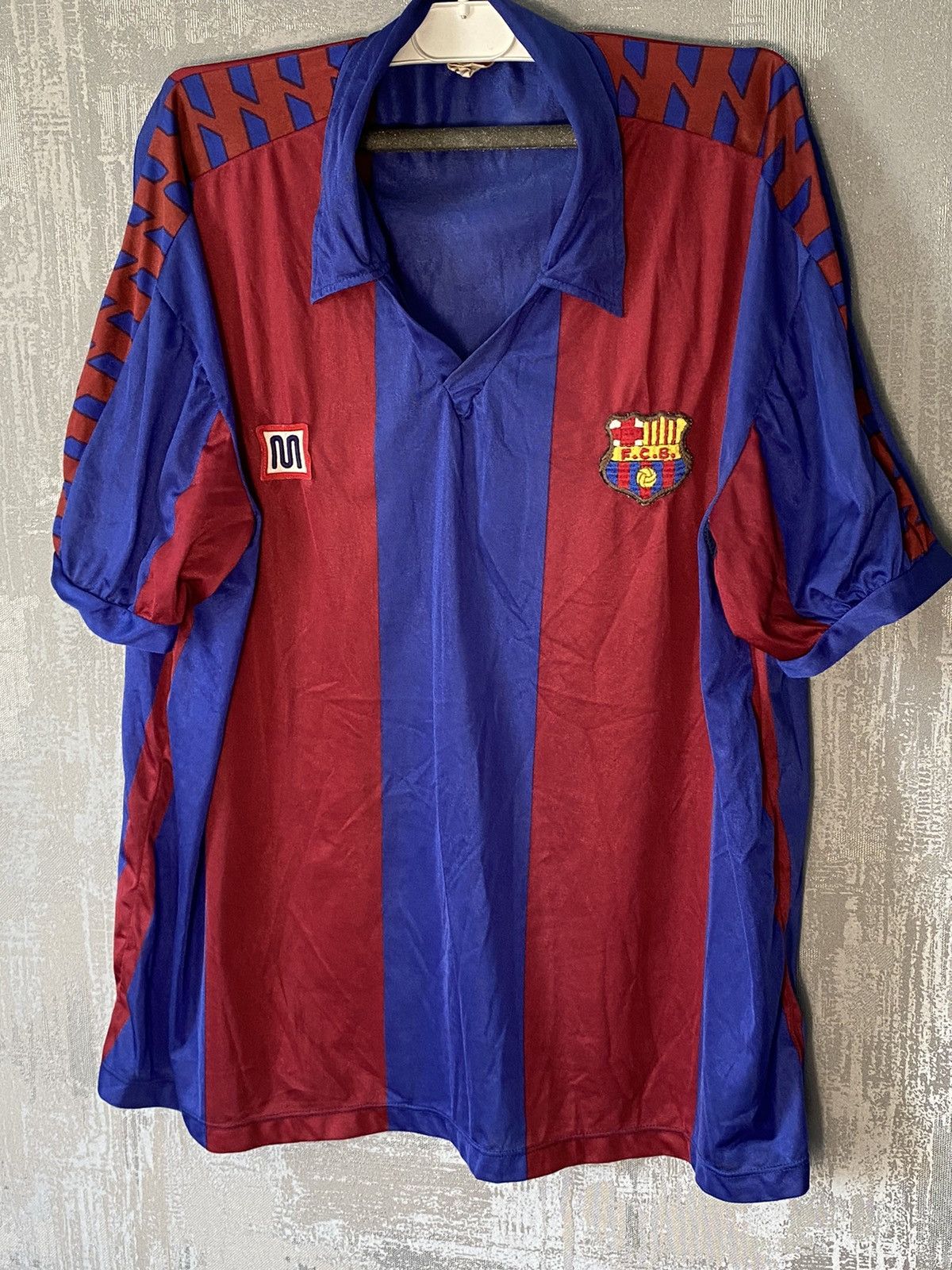 image of F C Barcelona x Soccer Jersey 1982 Vintage Barcelona Meyba Soccer Jersey Football Shirt in Blue Red