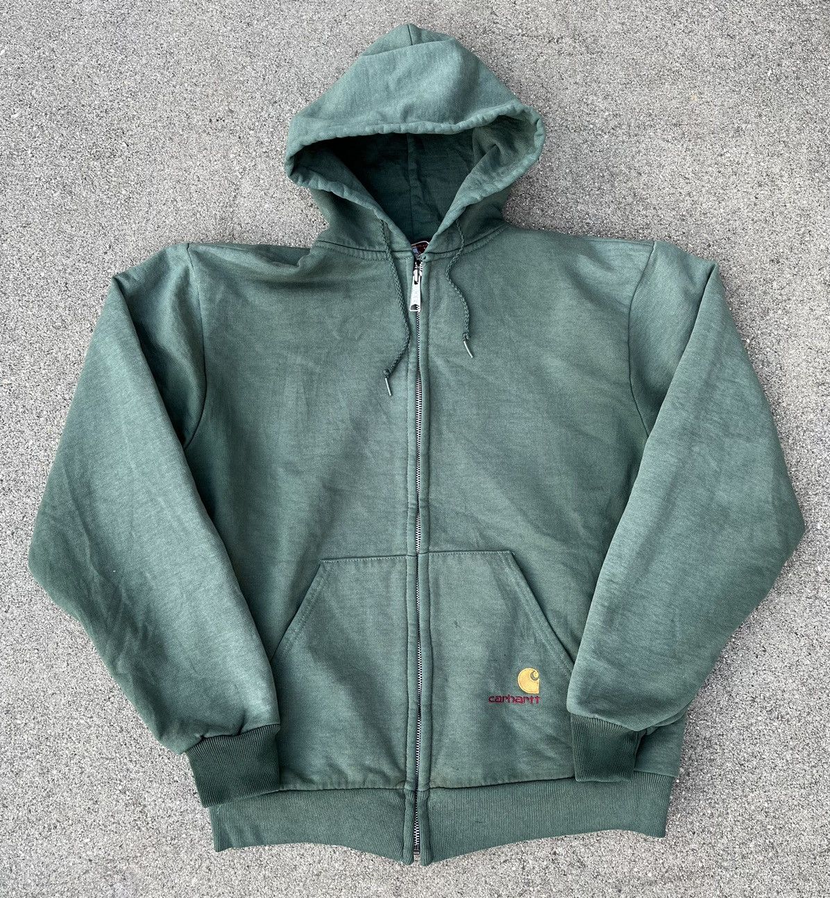 image of Vintage Carhartt Hoodie Sun Fade Thermal Distressed Zip Up in Green, Men's (Size Small)