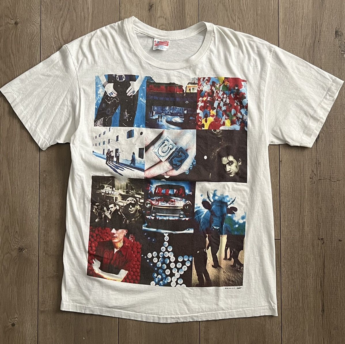 image of Band Tees 1991 Single Stitch U2 Achtung Baby Vintage White Band Tee, Men's (Size XL)