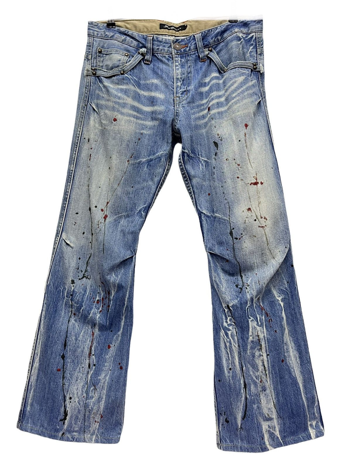 Japanese Brand FYE🔥ROOT 3 Punk Grunge Whiskers Splash Flare Denim Size US 32 / EU 48 - 4 Thumbnail