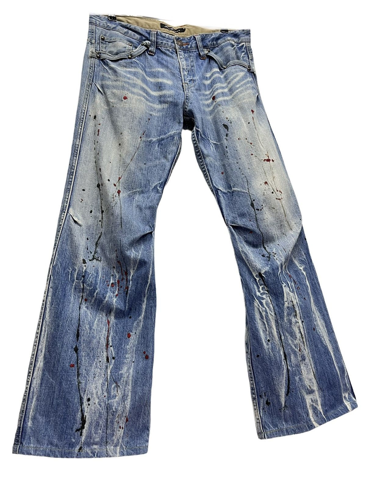 Japanese Brand FYE🔥ROOT 3 Punk Grunge Whiskers Splash Flare Denim Size US 32 / EU 48 - 2 Thumbnail
