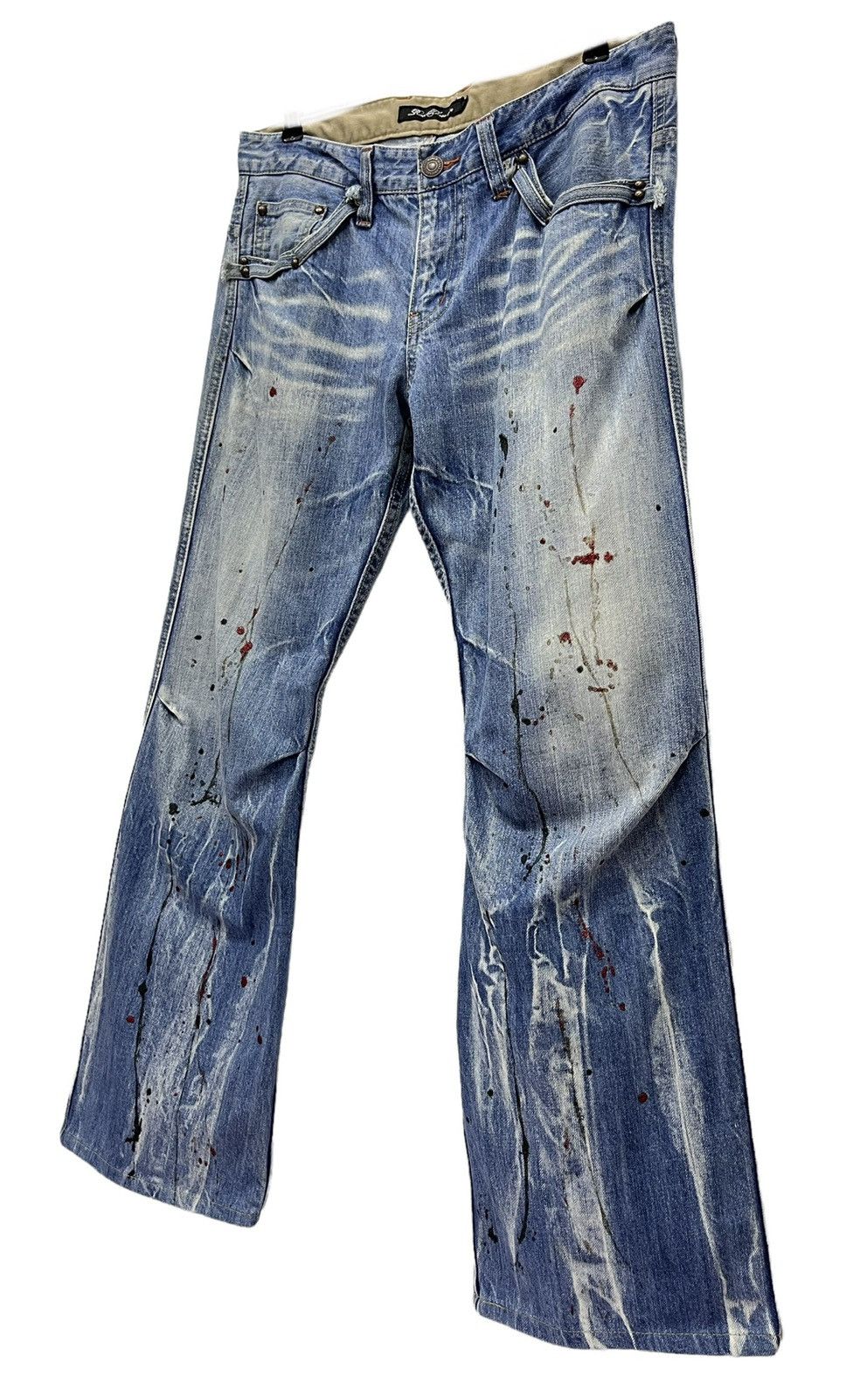 Japanese Brand FYE🔥ROOT 3 Punk Grunge Whiskers Splash Flare Denim Size US 32 / EU 48 - 3 Thumbnail
