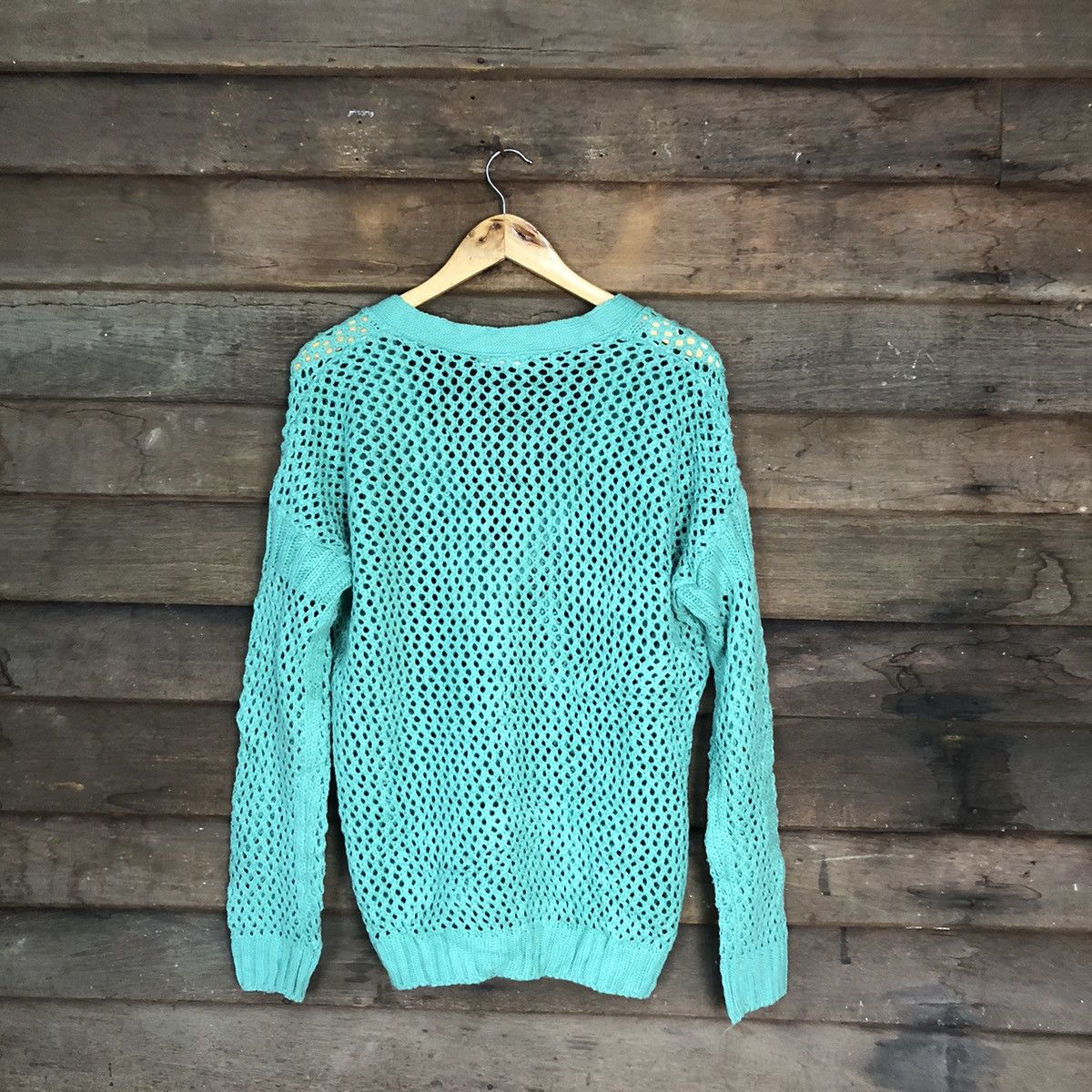 Homespun Knitwear O-Pin Mesh Net Crochet Green Cardigan Knitwear #7160 Size M / US 6-8 / IT 42-44 - 12 Thumbnail