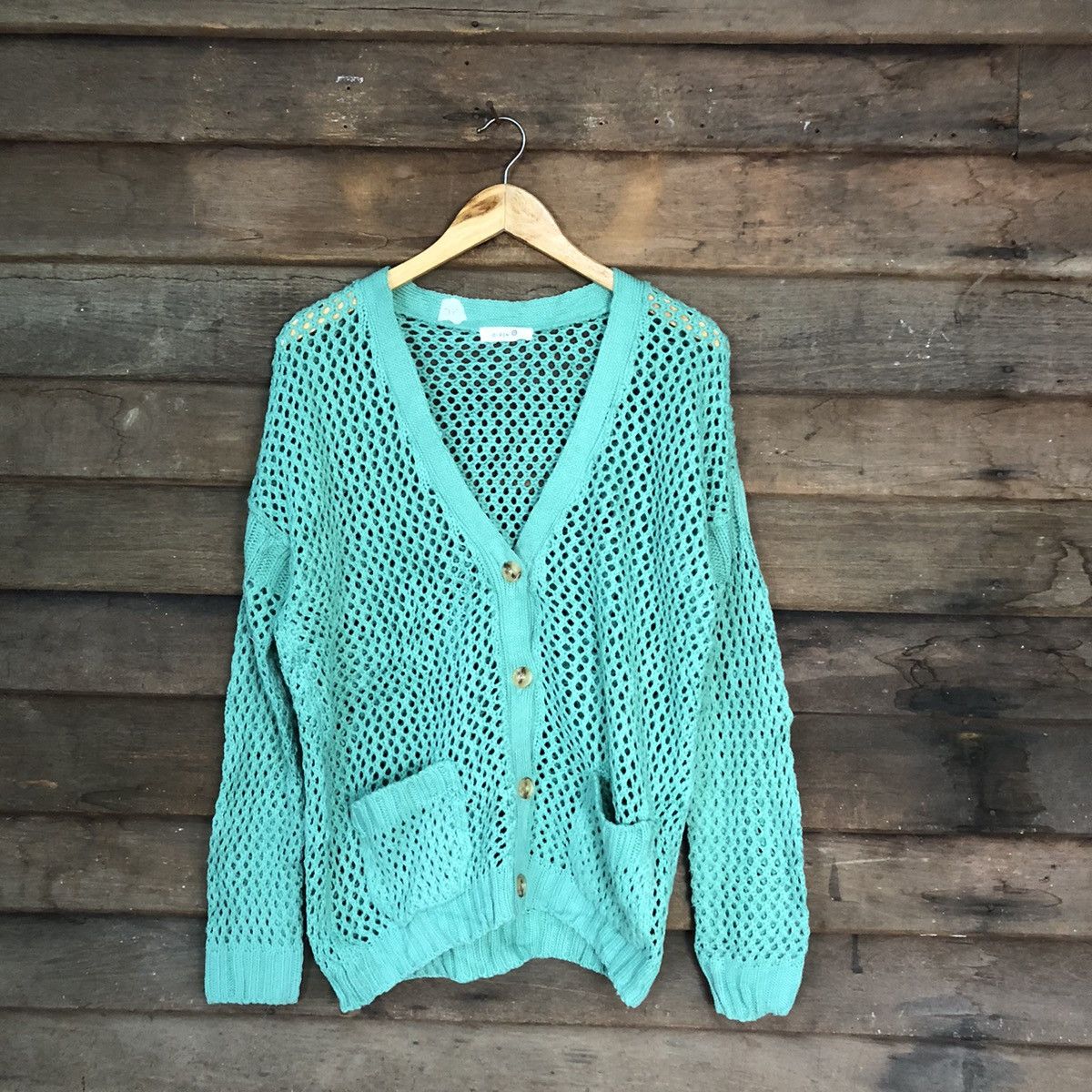 Homespun Knitwear O-Pin Mesh Net Crochet Green Cardigan Knitwear #7160 Size M / US 6-8 / IT 42-44 - 1 Thumbnail