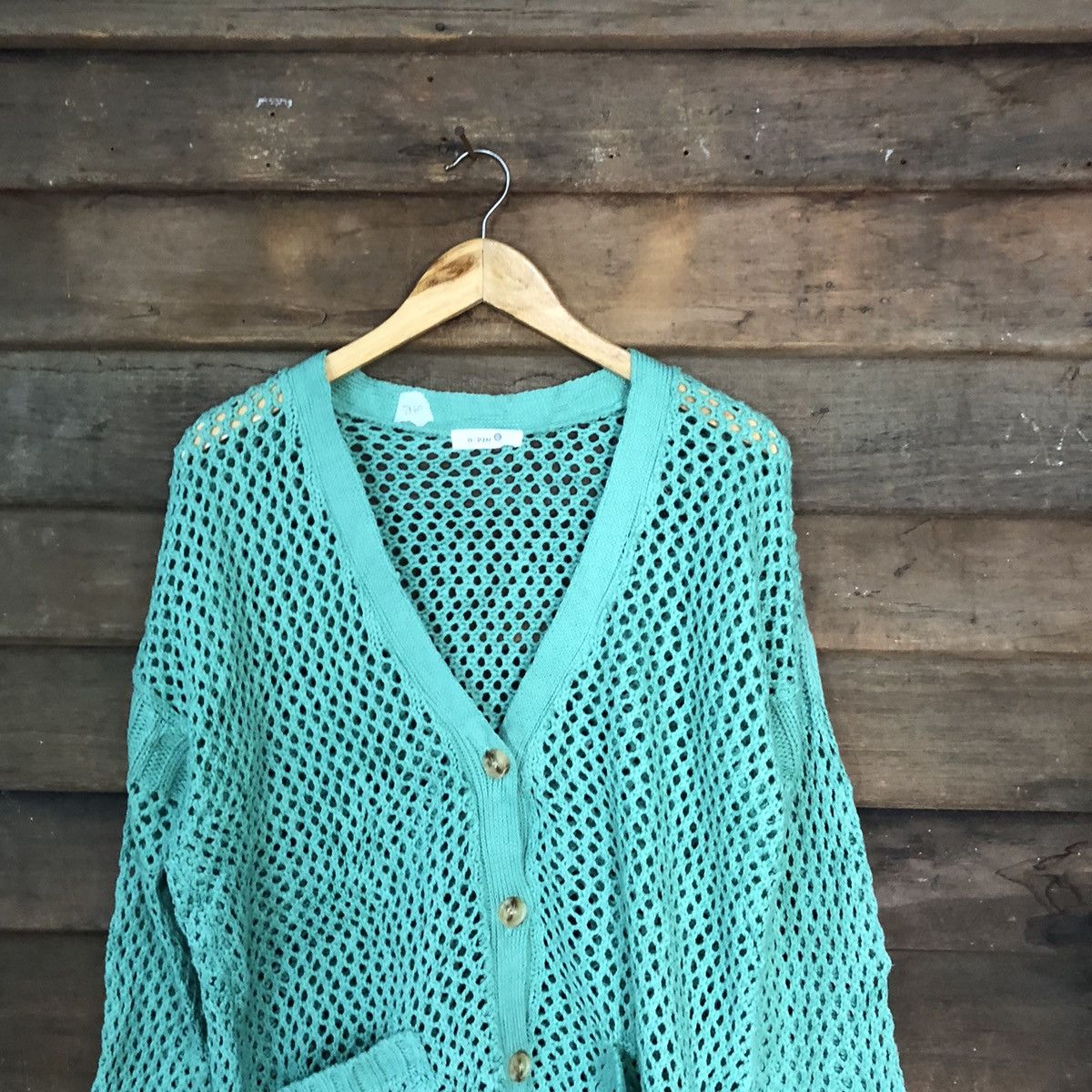 Homespun Knitwear O-Pin Mesh Net Crochet Green Cardigan Knitwear #7160 Size M / US 6-8 / IT 42-44 - 2 Thumbnail