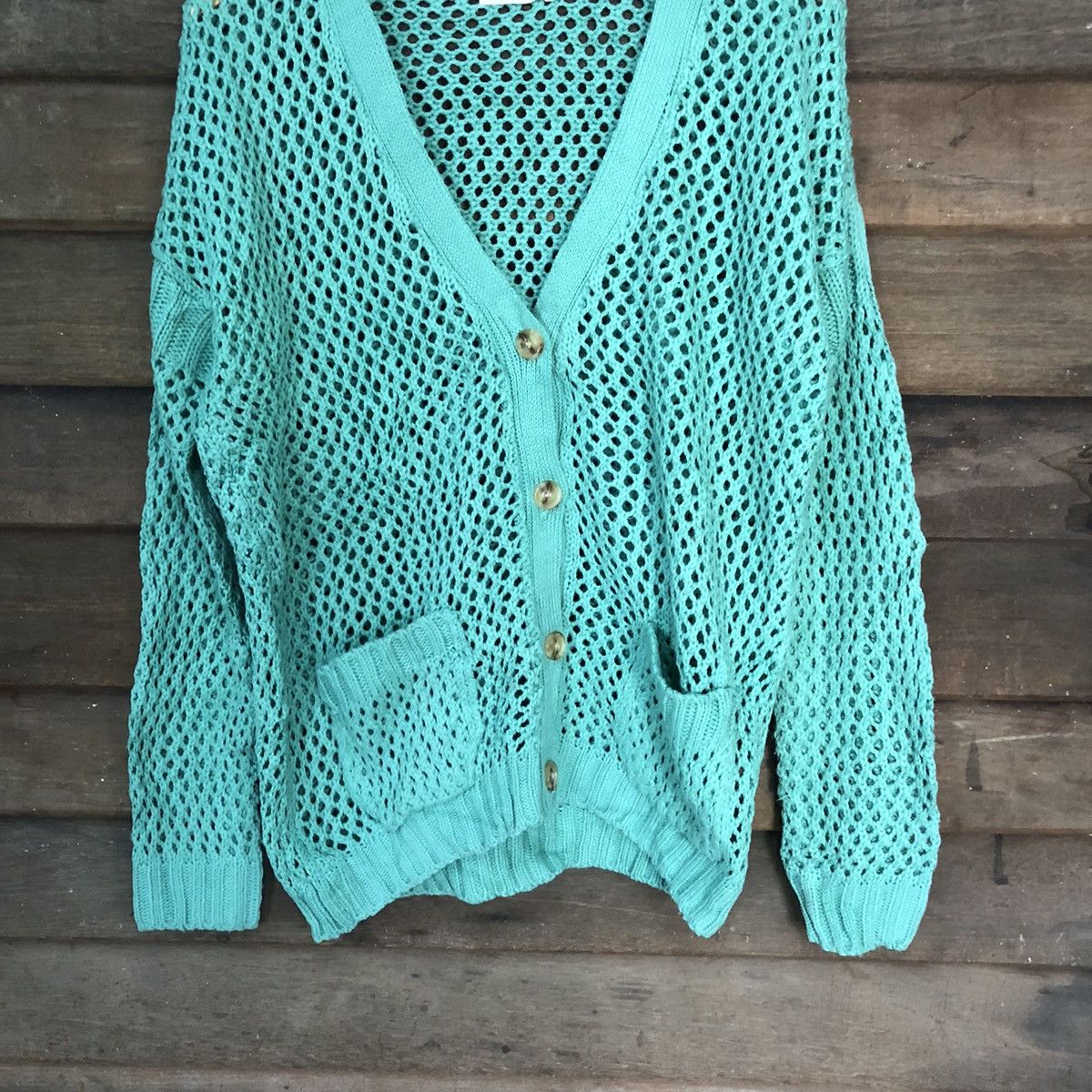 Homespun Knitwear O-Pin Mesh Net Crochet Green Cardigan Knitwear #7160 Size M / US 6-8 / IT 42-44 - 3 Thumbnail