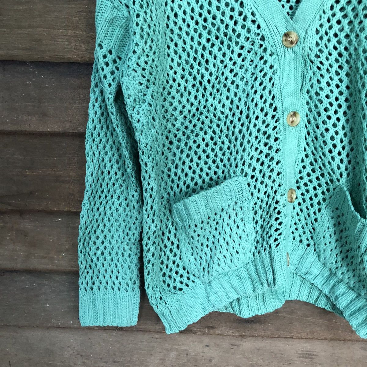 Homespun Knitwear O-Pin Mesh Net Crochet Green Cardigan Knitwear #7160 Size M / US 6-8 / IT 42-44 - 4 Thumbnail