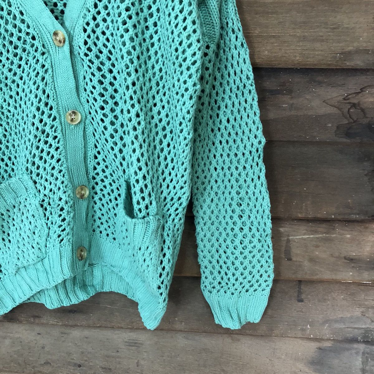 Homespun Knitwear O-Pin Mesh Net Crochet Green Cardigan Knitwear #7160 Size M / US 6-8 / IT 42-44 - 5 Thumbnail