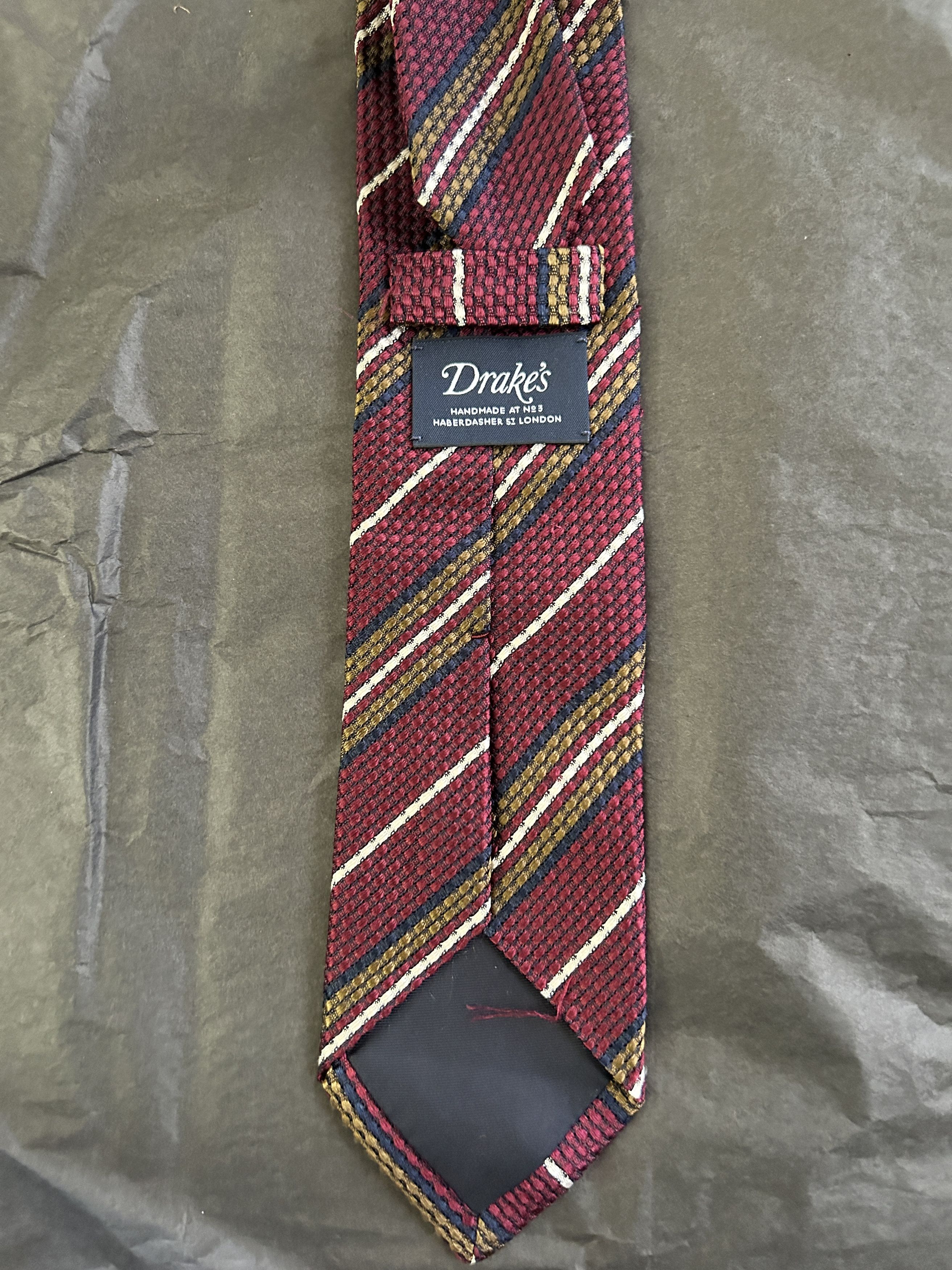 Drake's Burgundy Striped Shantung Silk Neck Tie 3.25" Wide Size ONE SIZE - 2 Thumbnail