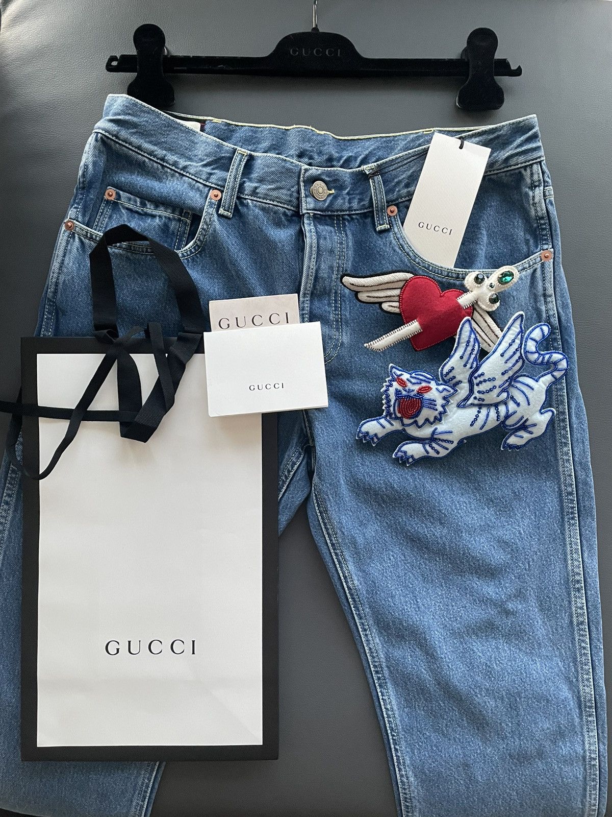 Gucci Rare 2K Super Runway Sold Out Skinny Denim Jeans w Brooches Size US 31 - 1 Thumbnail