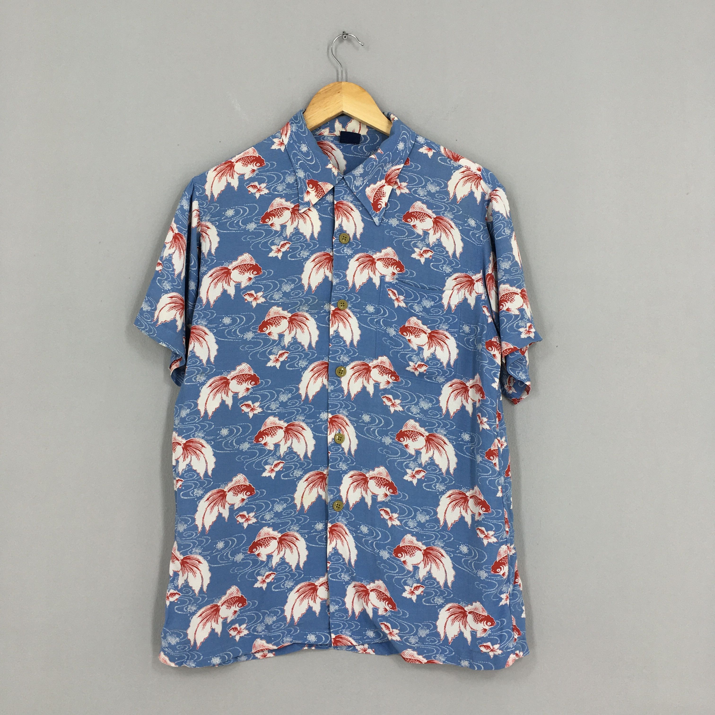 image of Aloha Wear x Hawaiian Shirt Vintage Hawaiian Japanese Gold Fish Rayon Shirt Medium 90S, Men's