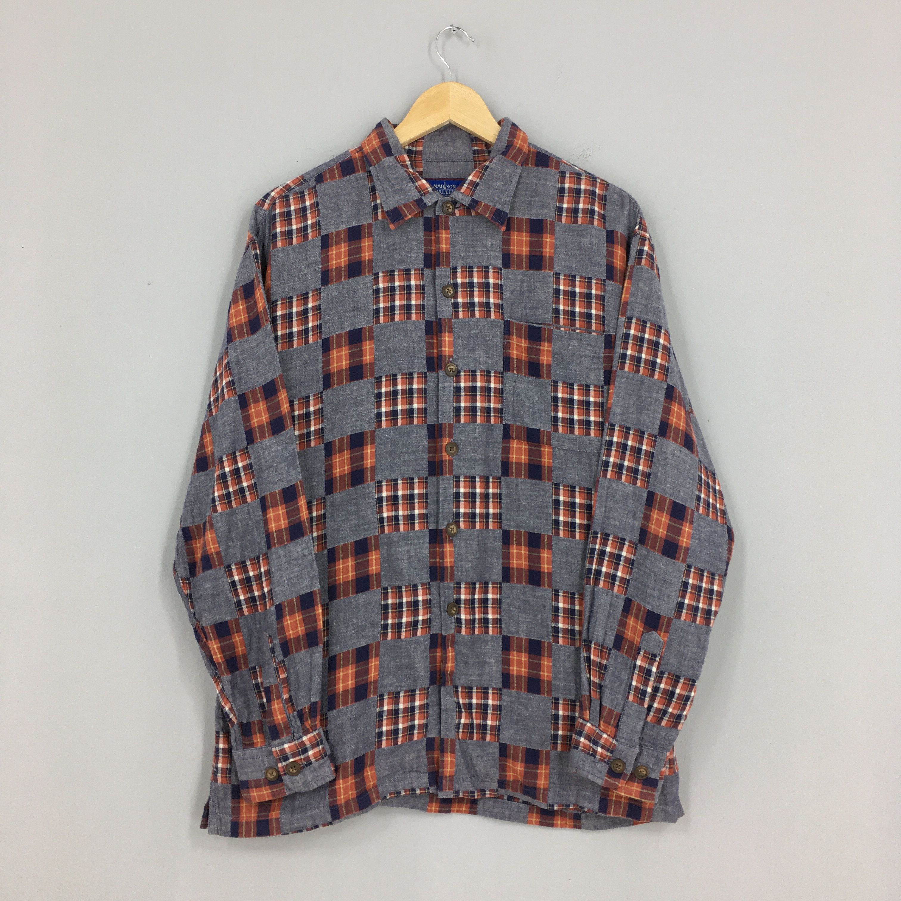 image of Vintage Patchwork Checkered Flannel Shirt Large, Men's