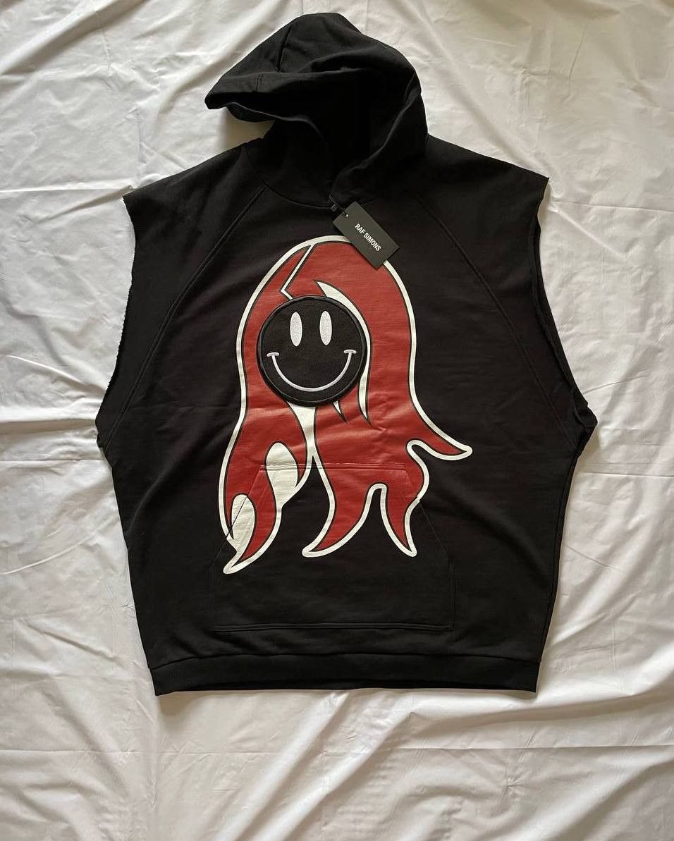 image of Raf Simons Smiley Sleeveless Hoodie in Black, Men's (Size Small)