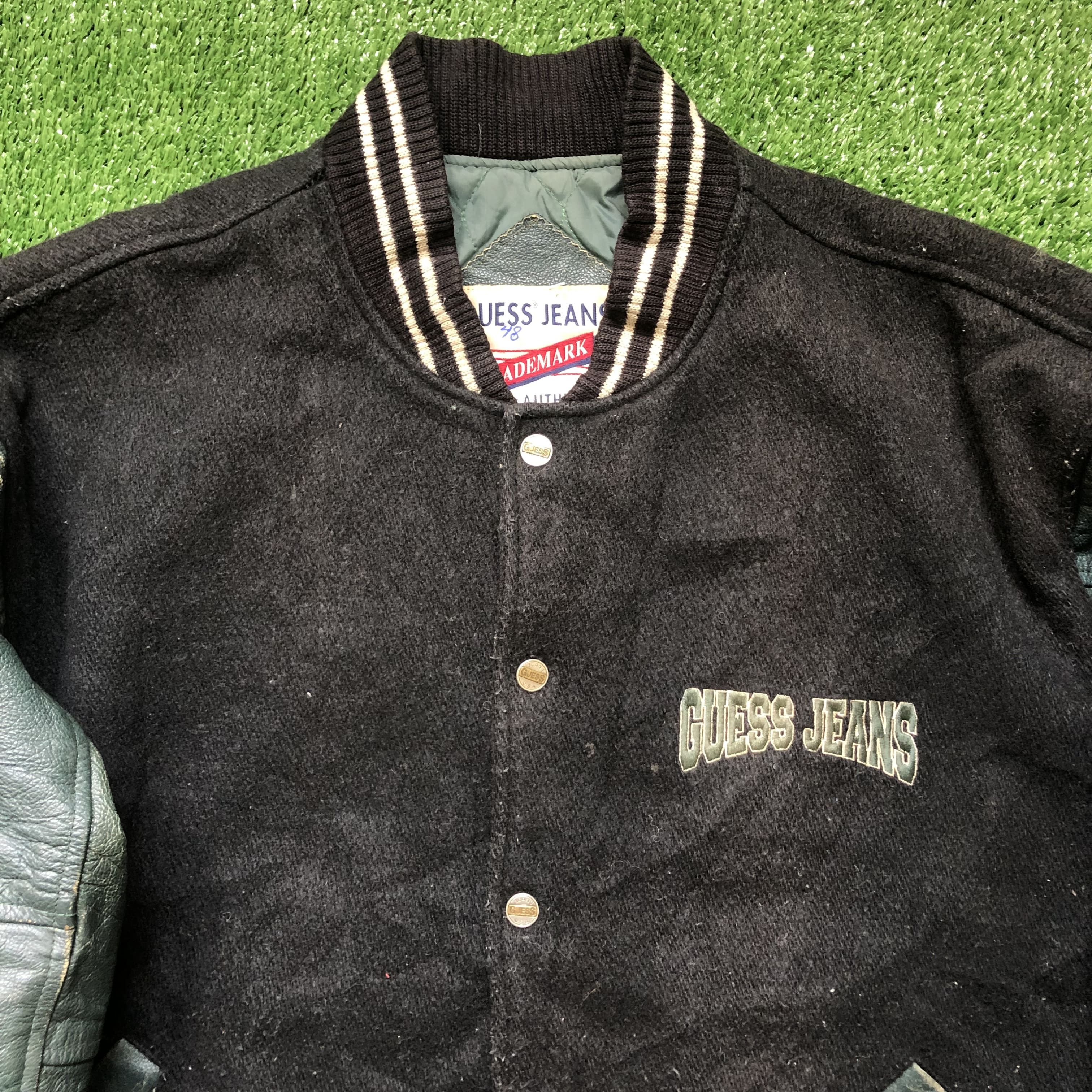 Guess × Vintage Vintage very worn Guess Spell Out Letterman Varsity Jacket Size US L / EU 52-54 / 3 - 7 Thumbnail