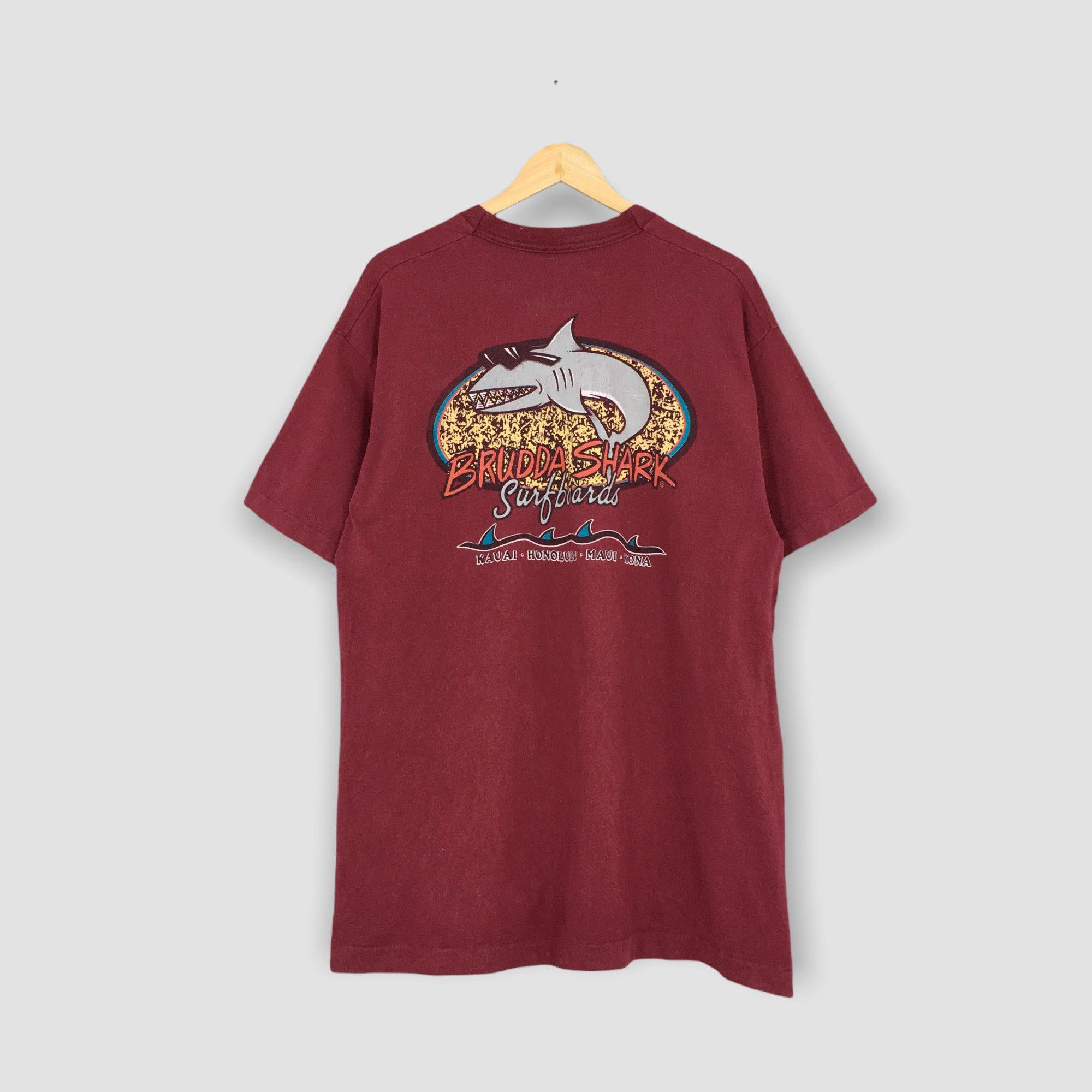 image of Aloha Wear x Surf Style Vintage 90's Brudda Shark Surfboards T Shirt Xlarge in Red, Men's