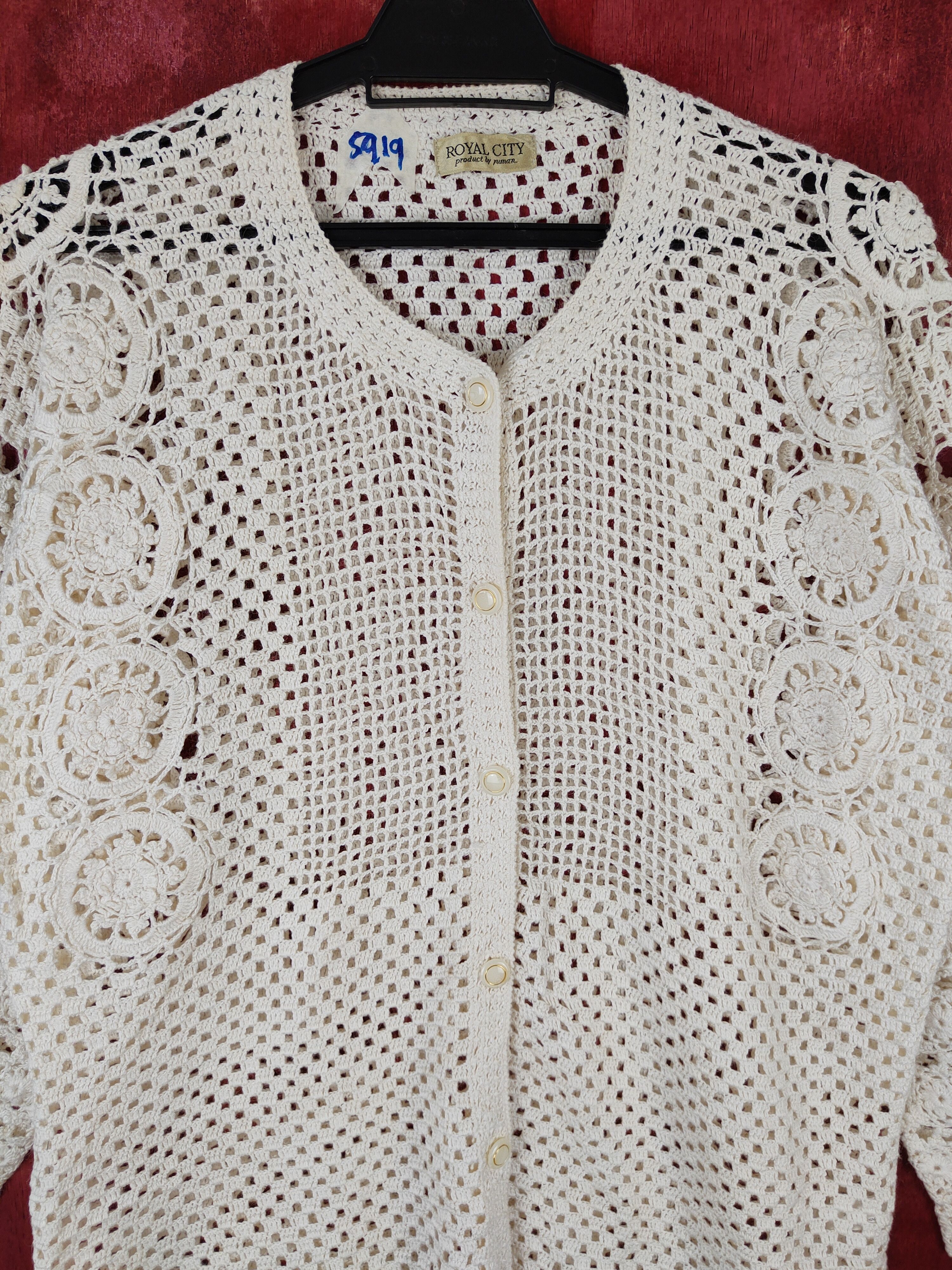 Vintage Royal City Cream crochet meshnet Knitwear Cardigan #5919 Size L / US 10 / IT 46 - 2 Thumbnail