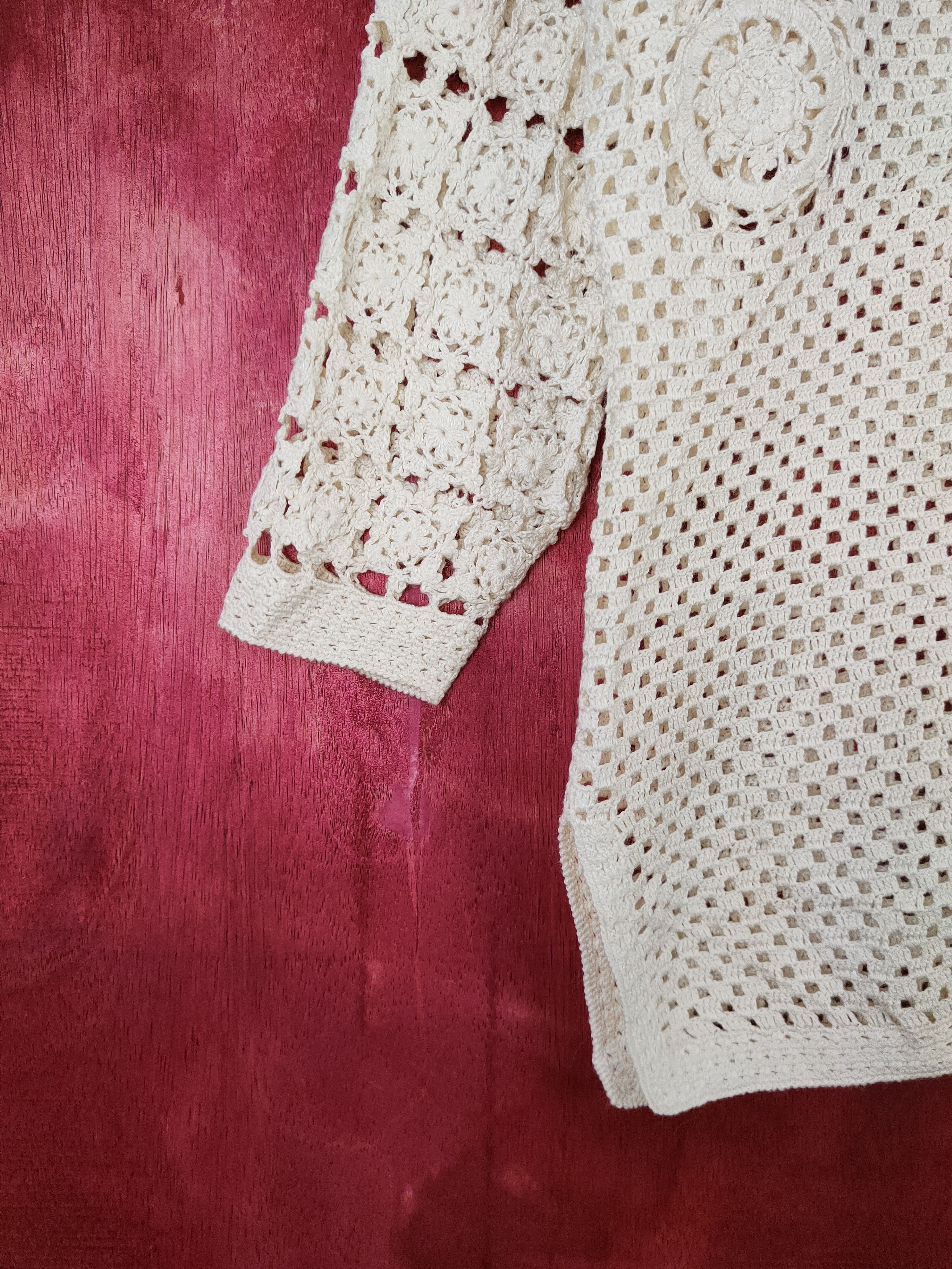 Vintage Royal City Cream crochet meshnet Knitwear Cardigan #5919 Size L / US 10 / IT 46 - 4 Thumbnail