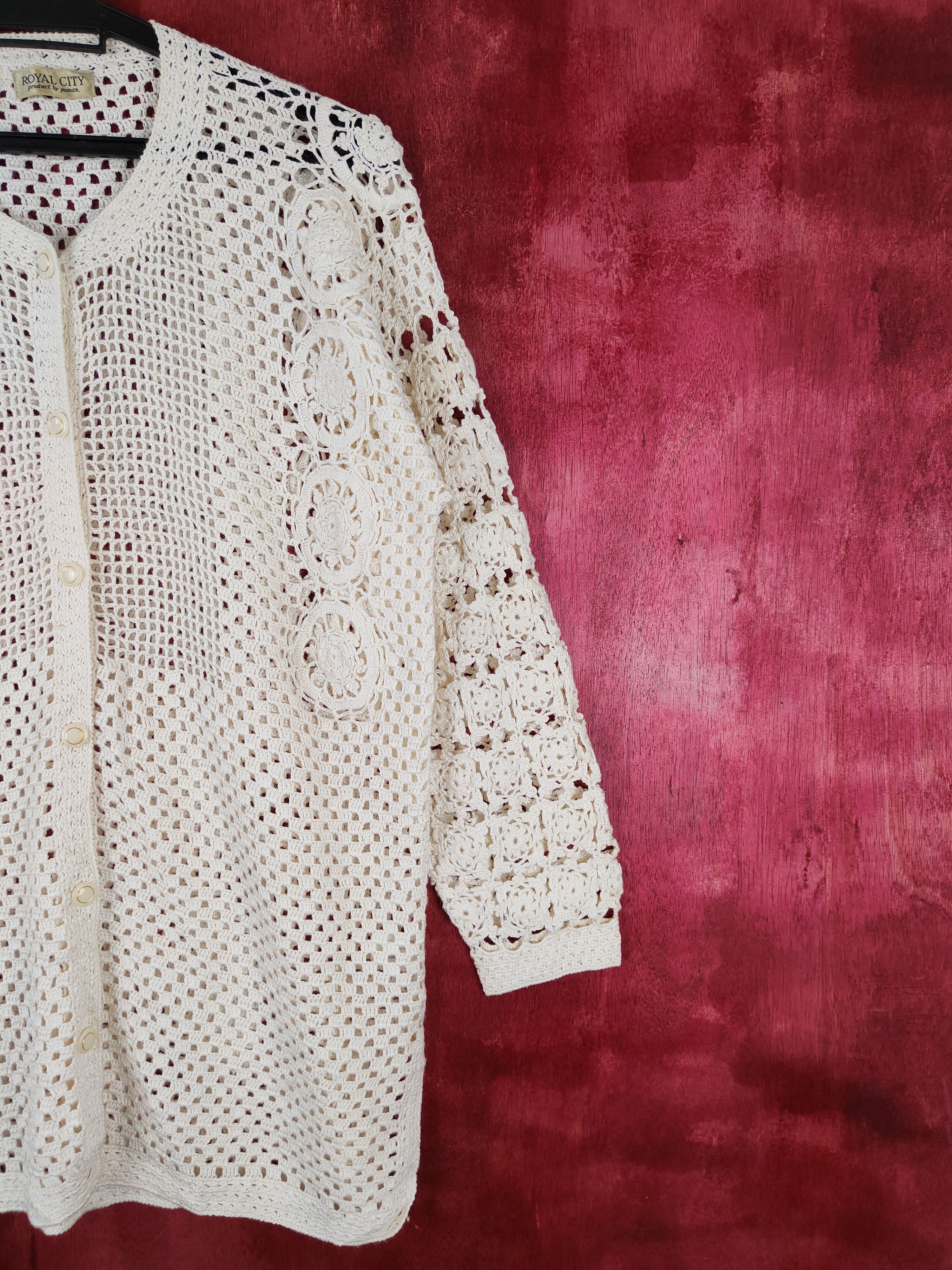 Vintage Royal City Cream crochet meshnet Knitwear Cardigan #5919 Size L / US 10 / IT 46 - 5 Thumbnail