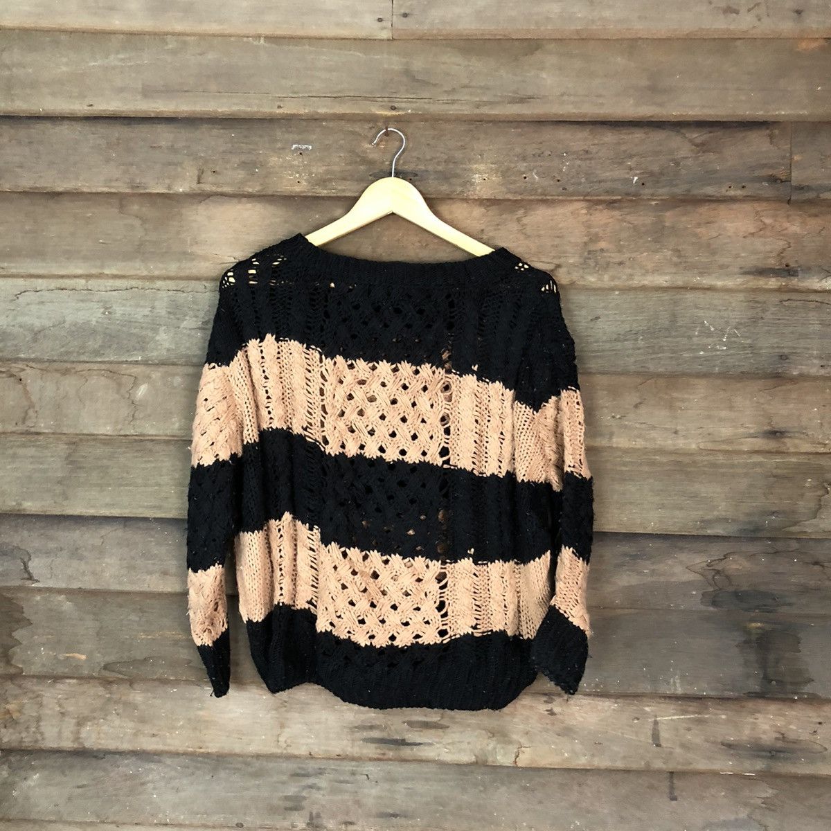 Aran Isles Knitwear × Japanese Brand × OVER THE STRiPES Vience Exchance meshnet Stripe crochet Knitwear #6805 Size S / US 4 / IT 40 - 8 Thumbnail