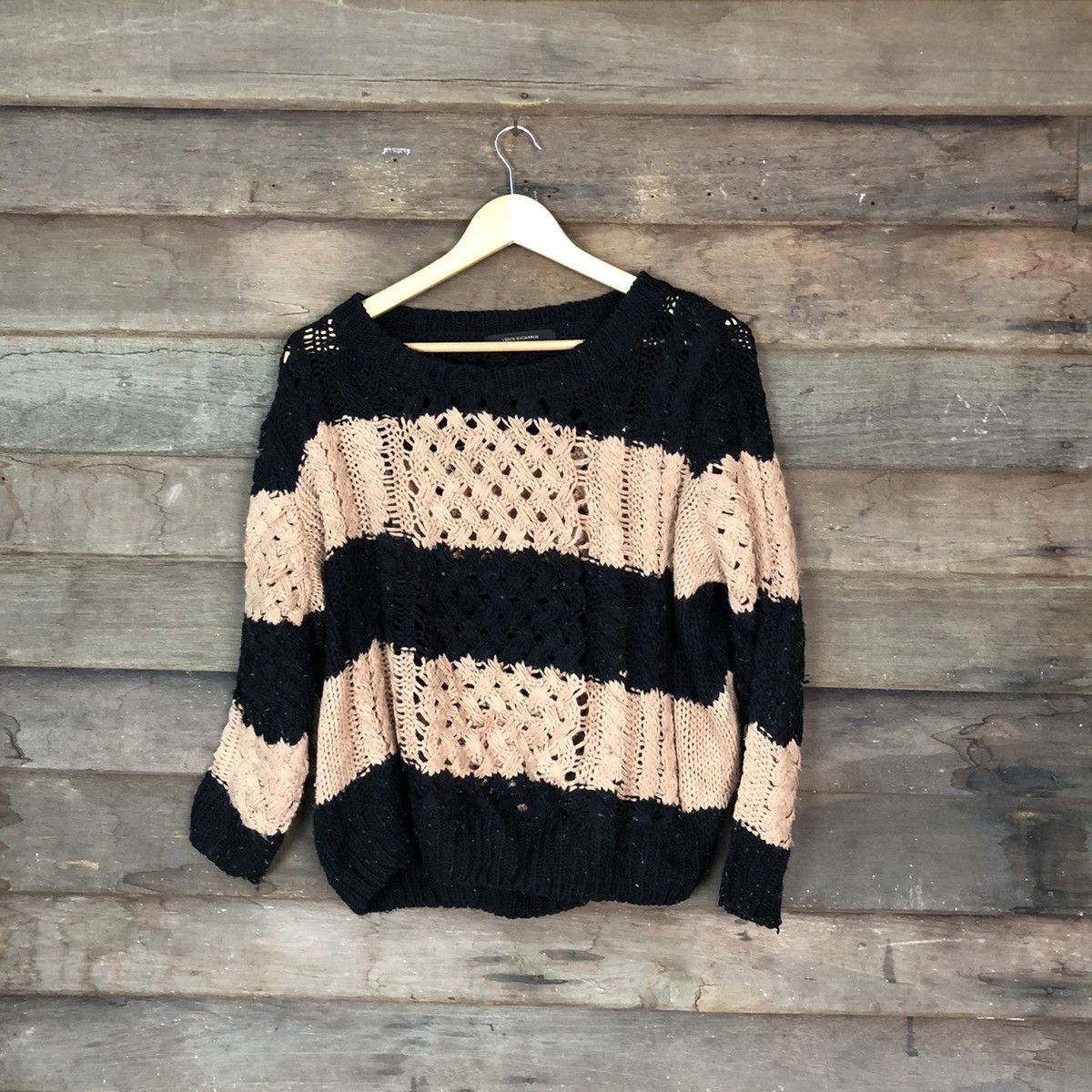 Aran Isles Knitwear × Japanese Brand × OVER THE STRiPES Vience Exchance meshnet Stripe crochet Knitwear #6805 Size S / US 4 / IT 40 - 1 Thumbnail