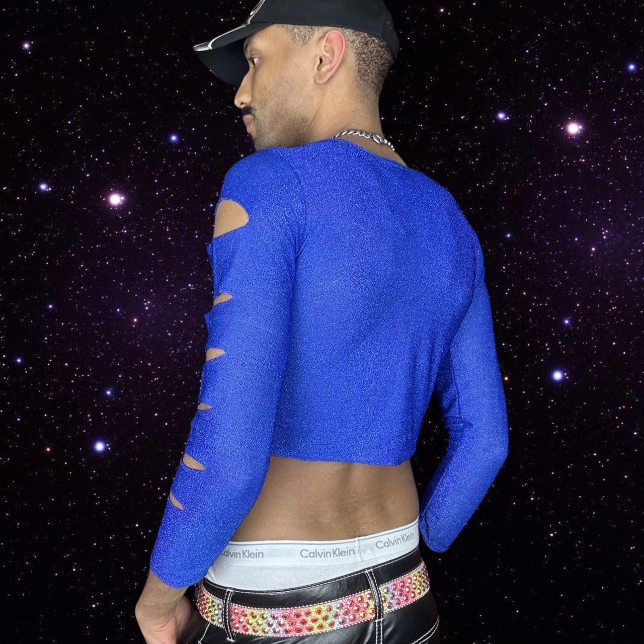 Vintage ASTROBOI* 'Neptune' Blue Metallic Slashed T-shirt - Large Size US L / EU 52-54 / 3 - 4 Thumbnail
