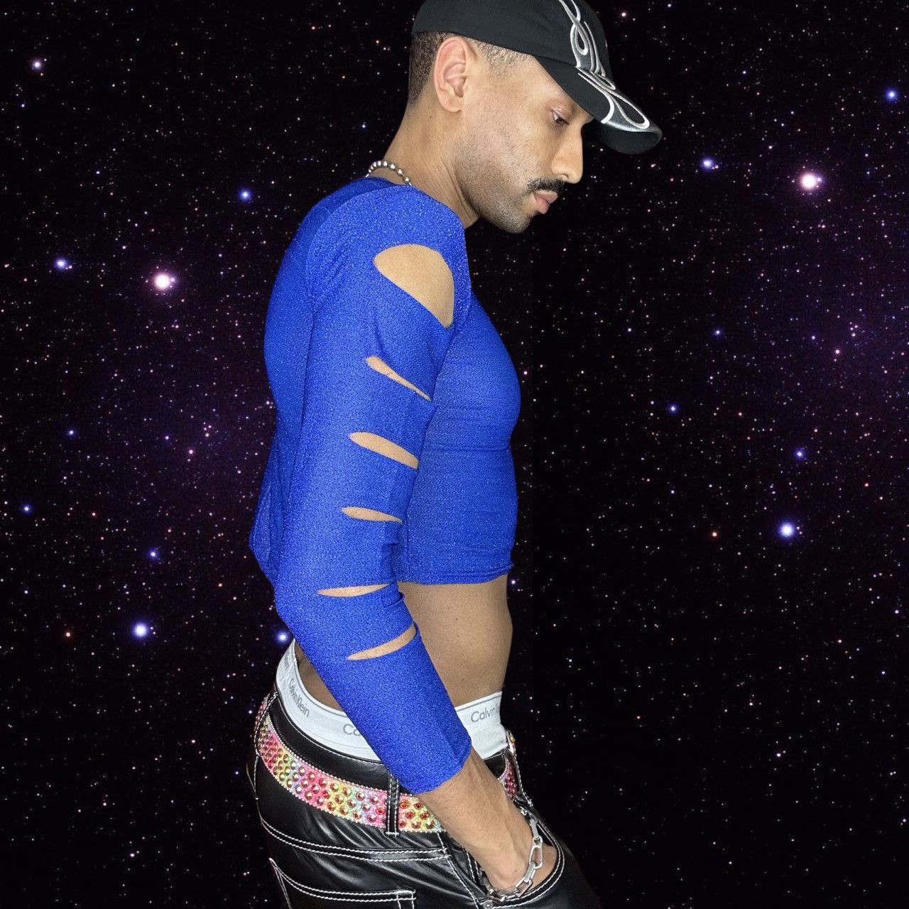 Vintage ASTROBOI* 'Neptune' Blue Metallic Slashed T-shirt - Large Size US L / EU 52-54 / 3 - 3 Thumbnail
