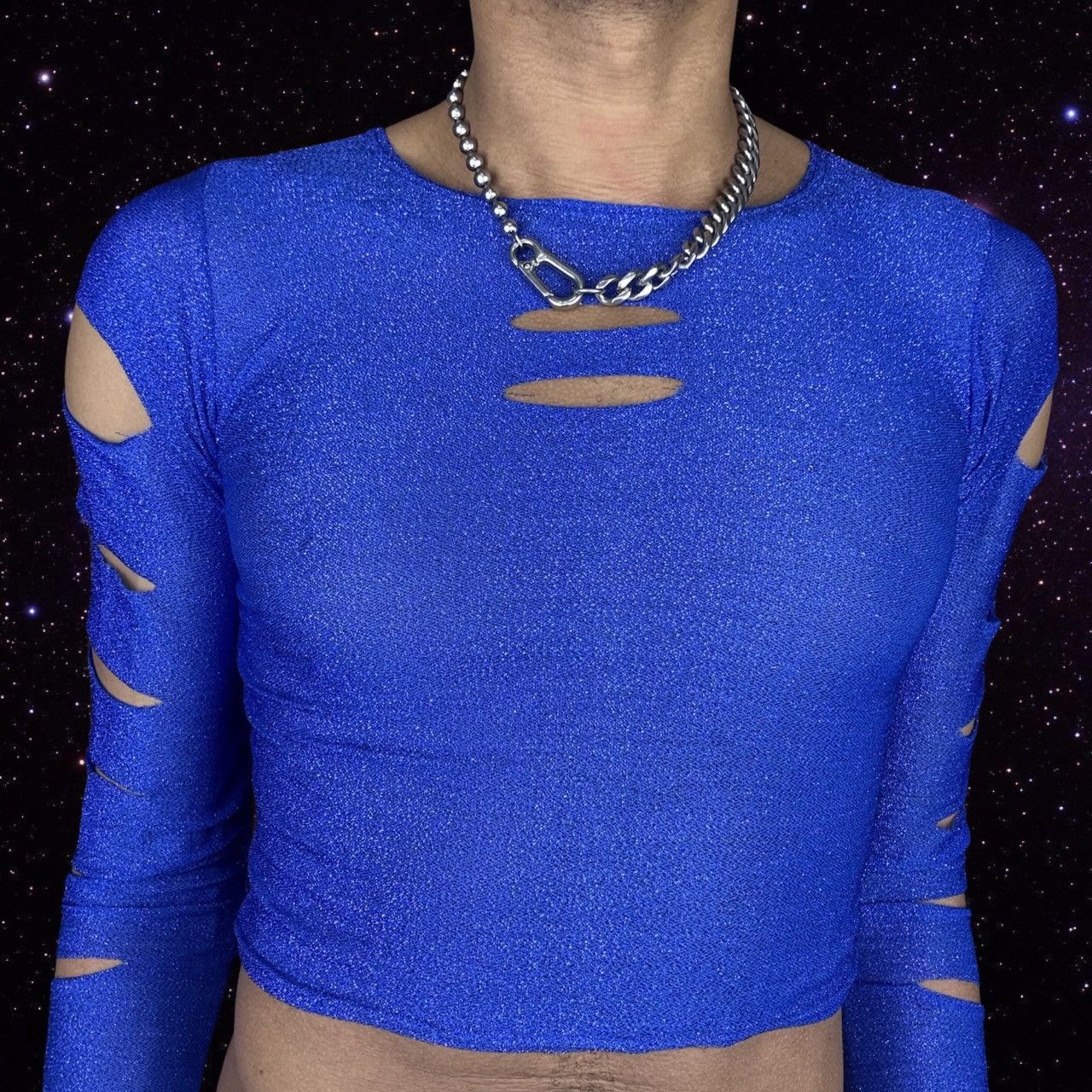 Vintage ASTROBOI* 'Neptune' Blue Metallic Slashed T-shirt - Large Size US L / EU 52-54 / 3 - 2 Thumbnail