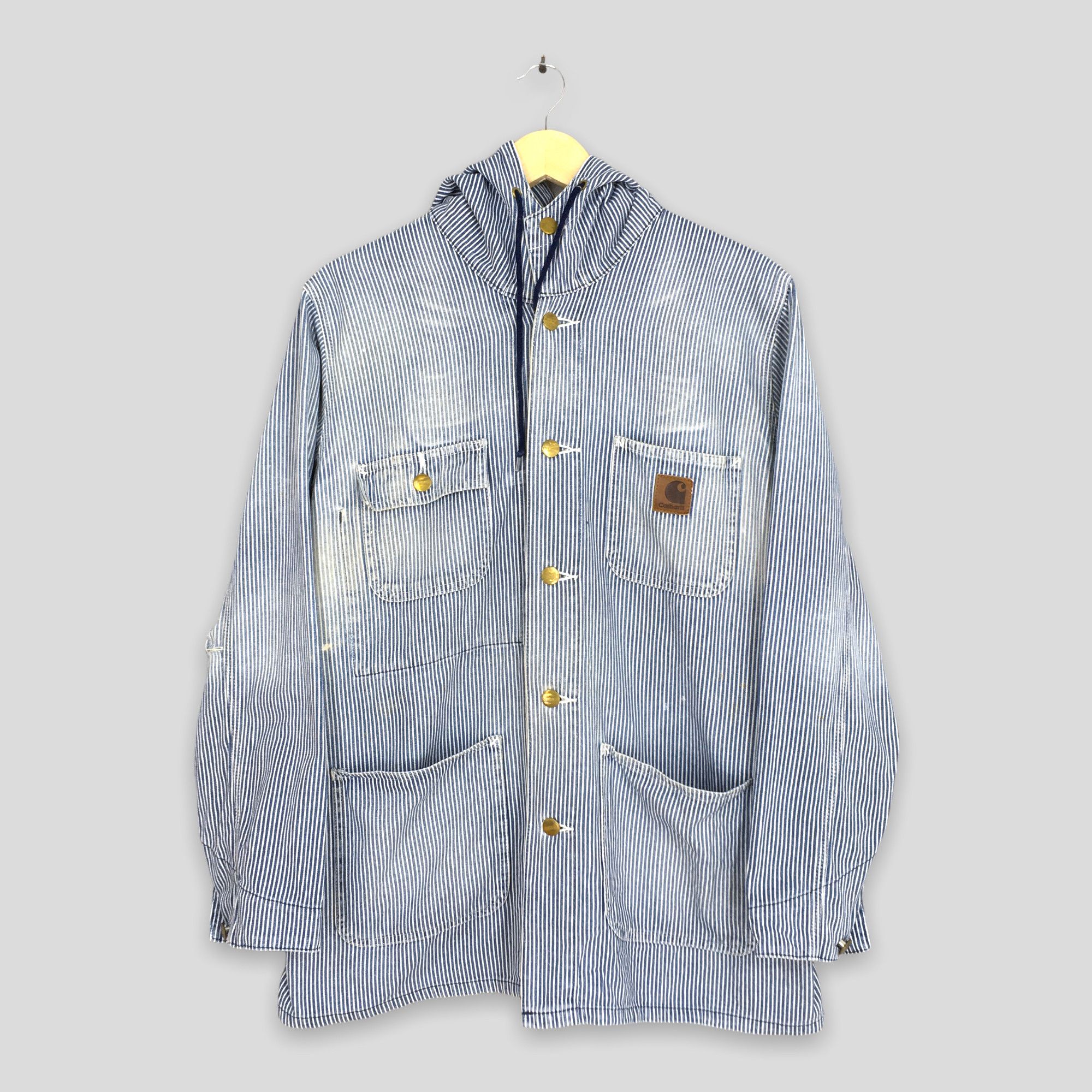 image of Vintage 80's Carhartt Hickory Stripes Workers Jacket Large in Striped, Men's