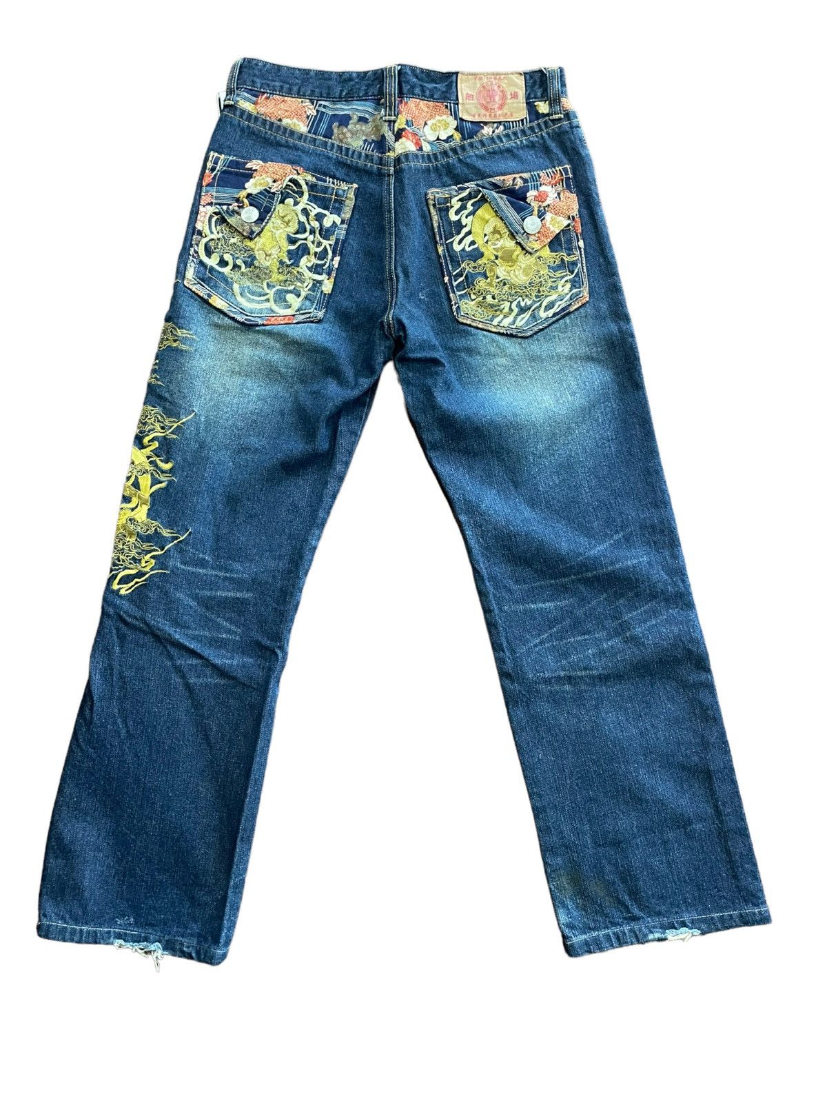 image of Buden Sho Japan Demon God Sukajan Full Embroidery Jeans in Blue Mix, Men's (Size 31)