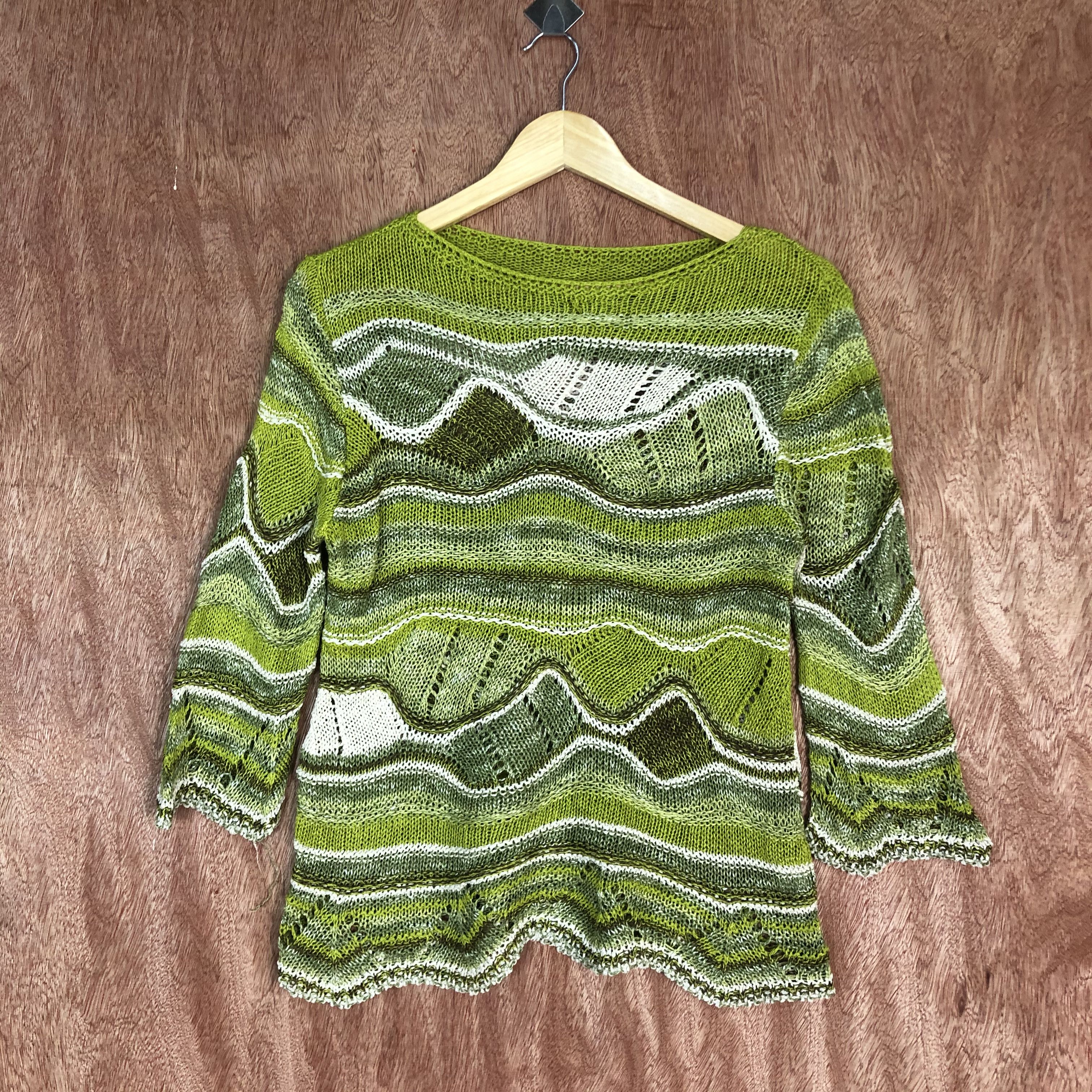 image of Homespun Knitwear Japan Green Crochet Mesh Net Knitwear Art Vintage Wave C524, Women's (Size Medium