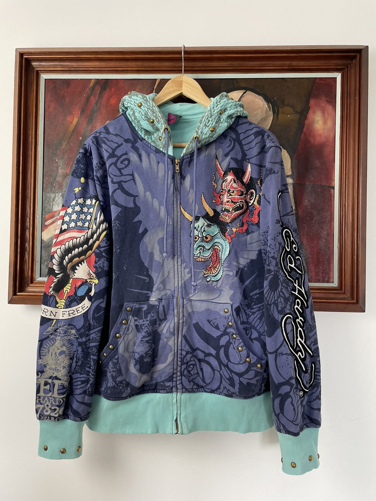 image of Vintage OG Ed Hardy Christian Audigier Fullprint Zip Hoodie in Purple, Men's (Size Medium)