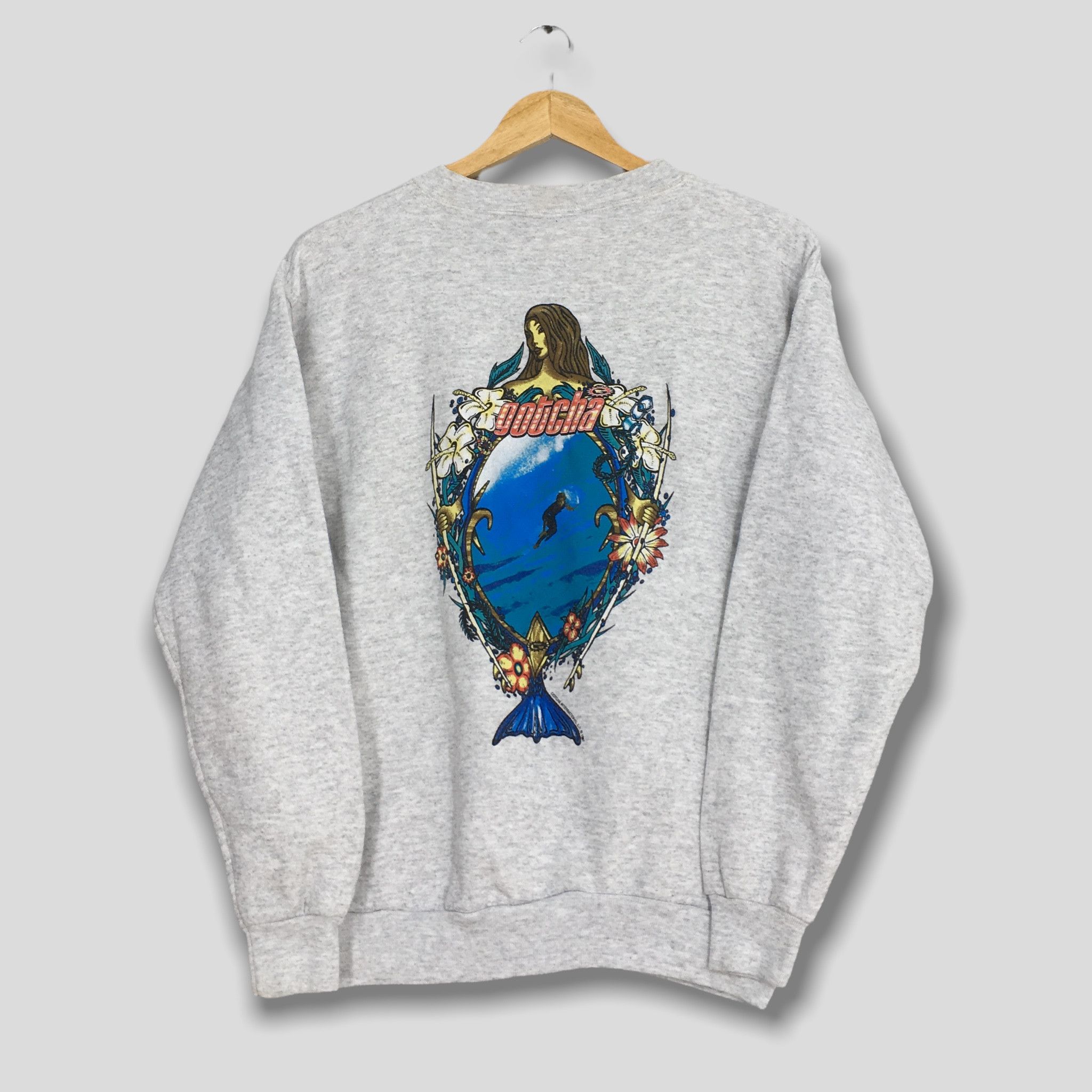 image of Vintage Gotcha Mermaid Surf Gray Sweatshirt Medium in Soft Grey, Men's