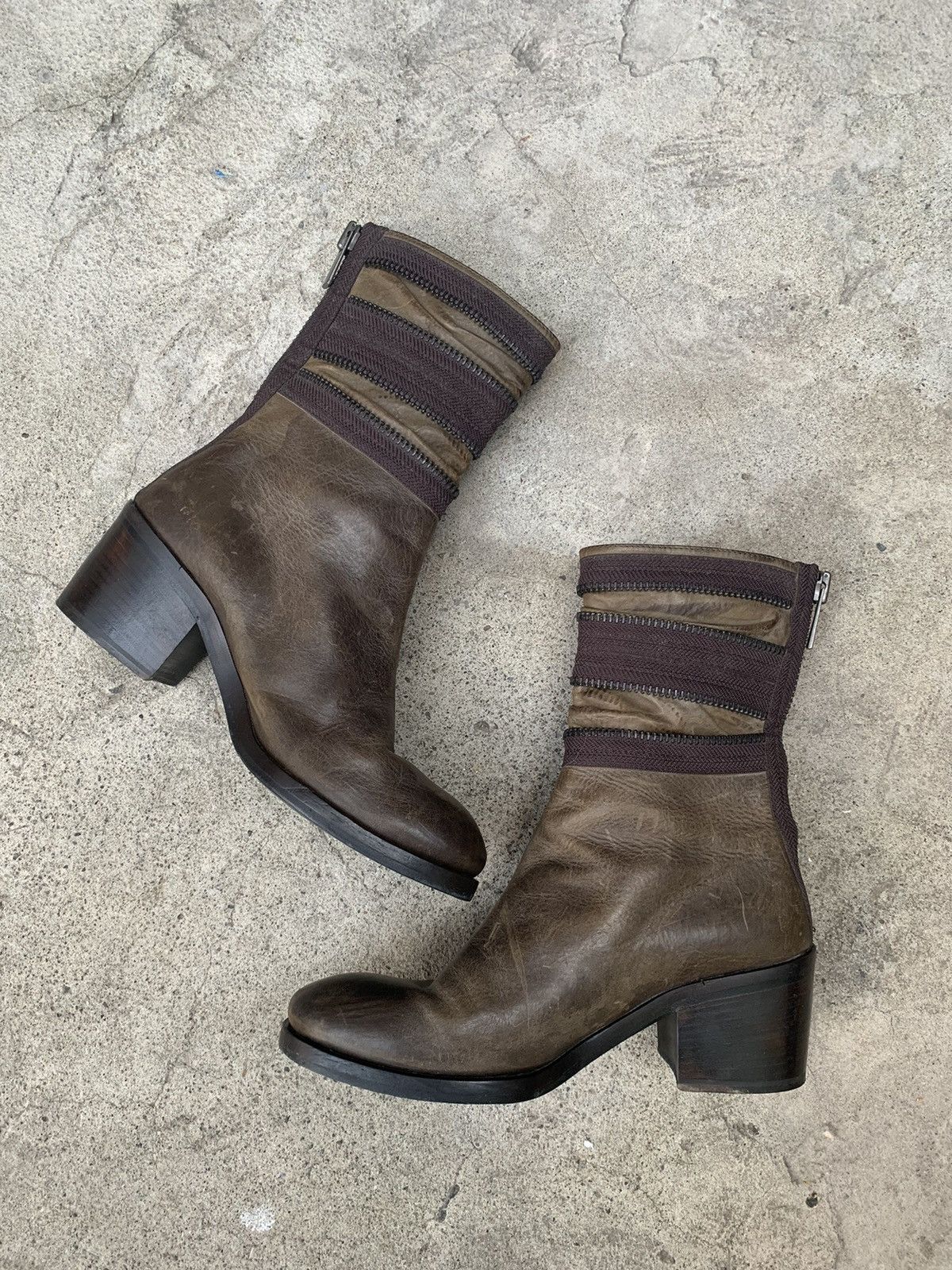 image of Haider Ackermann: Back Zip Zippered Leather Boots in Olive, Women's (Size 8)