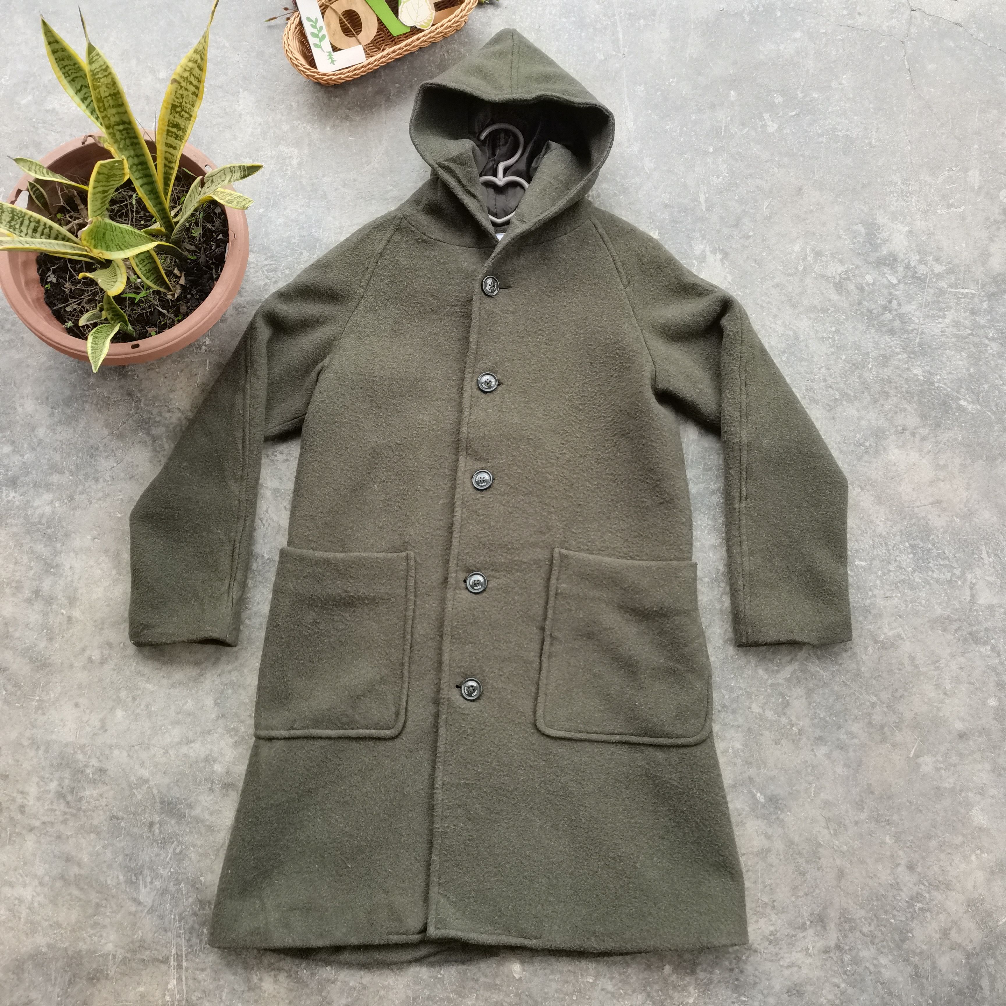 image of Vintage Coen Japanese Wool Trench Coat With Hoodie in Green, Men's (Size Medium)