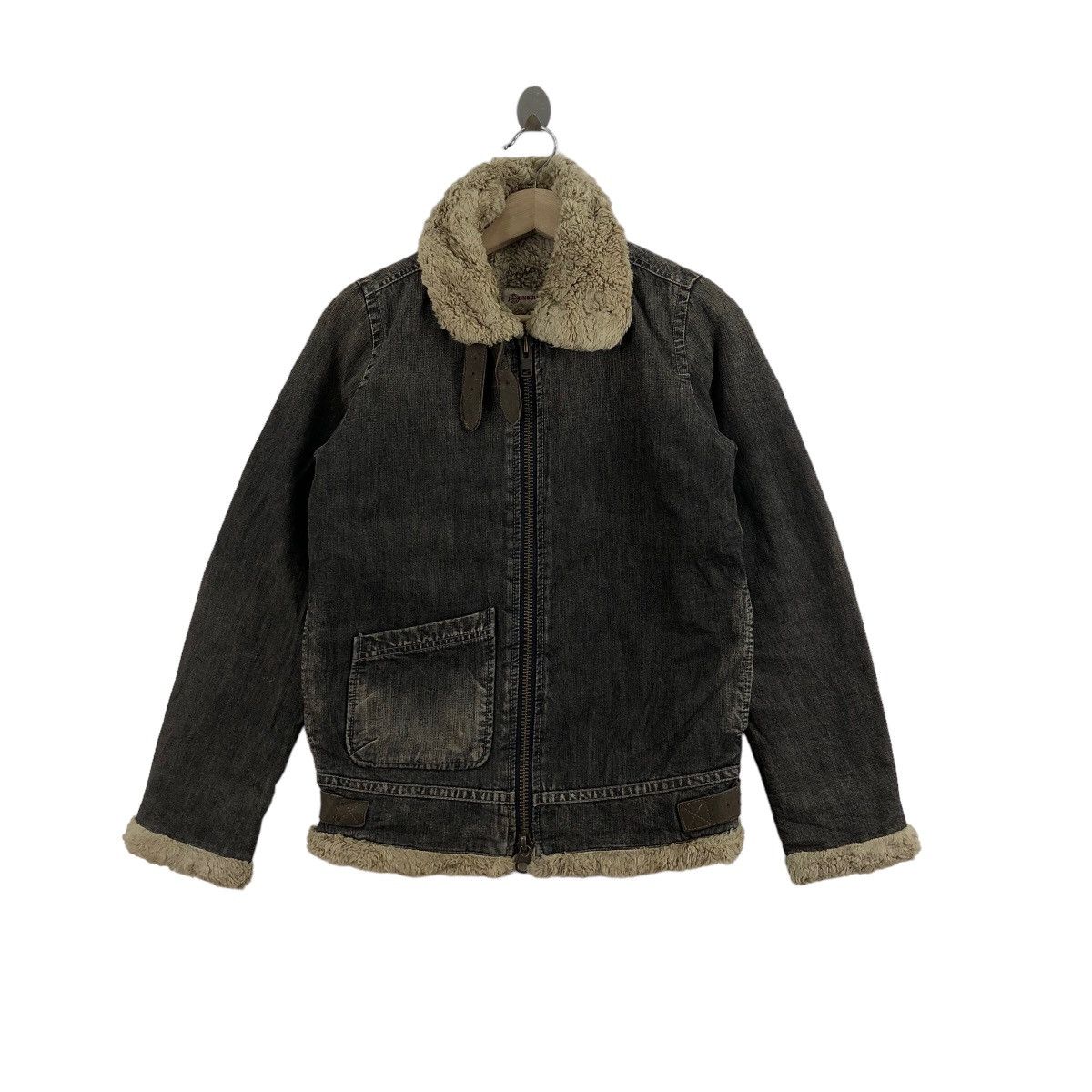 image of Denim Jacket x John Bull Vintage Johnbull B3 Denim Shearling Jacket Winter Jacket in Brown (Size Sm