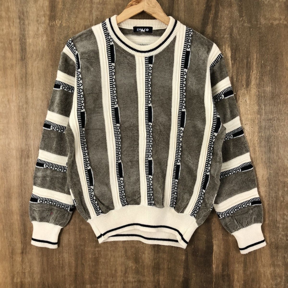 image of Aran Isles Knitwear x Coloured Cable Knit Sweater Elco Coogi Style Striped Brown Knitwear 036 (Size