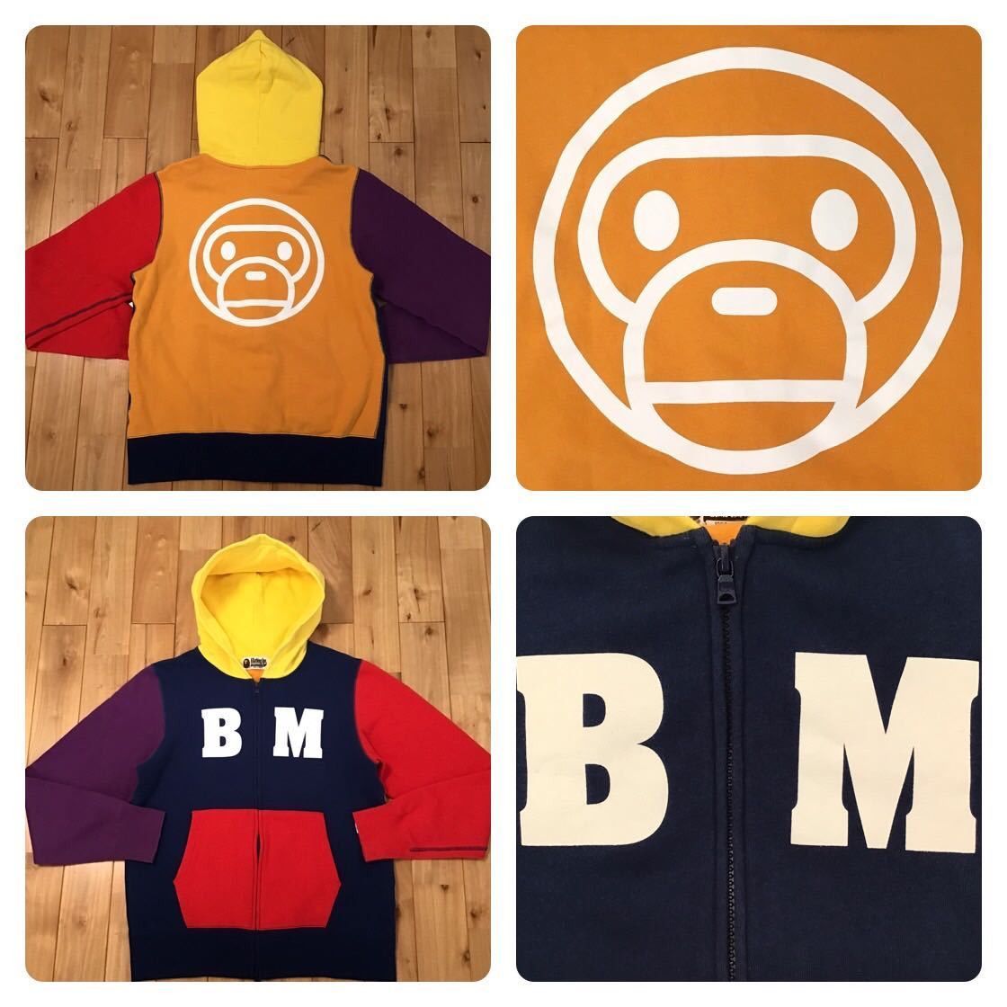 image of Bape Baby Milo Crazy Color Zip Hoodie in Navy/Purple/Red, Men's (Size Medium)