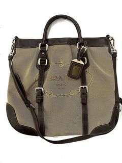 Prada Brown/Beige Canapa Logo Frame Handbag Prada