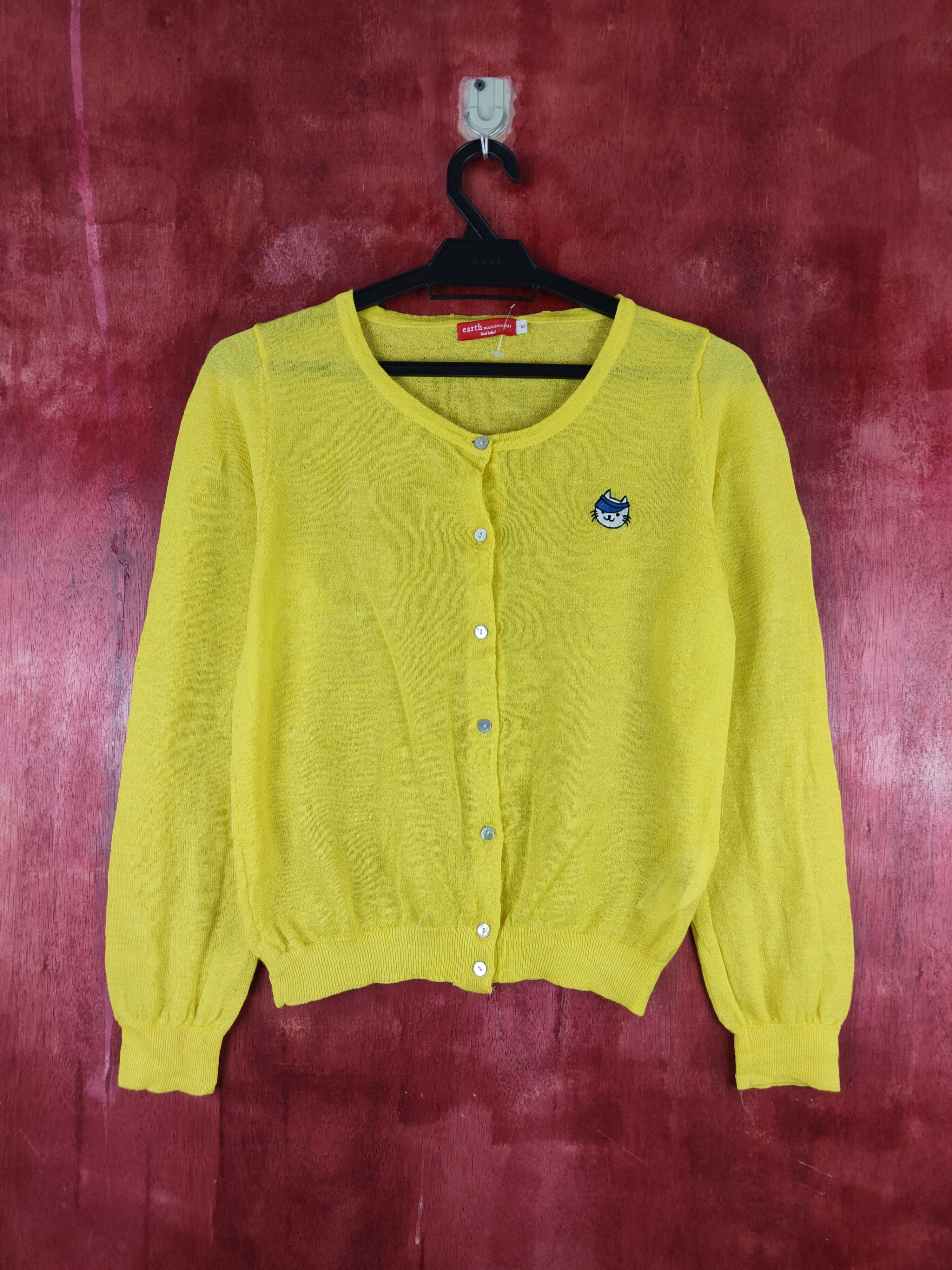 Japanese Brand Earth Music & Ecology Yellow Crochet Meshnet Cardigan #S906 Size S / US 4 / IT 40 - 1 Thumbnail