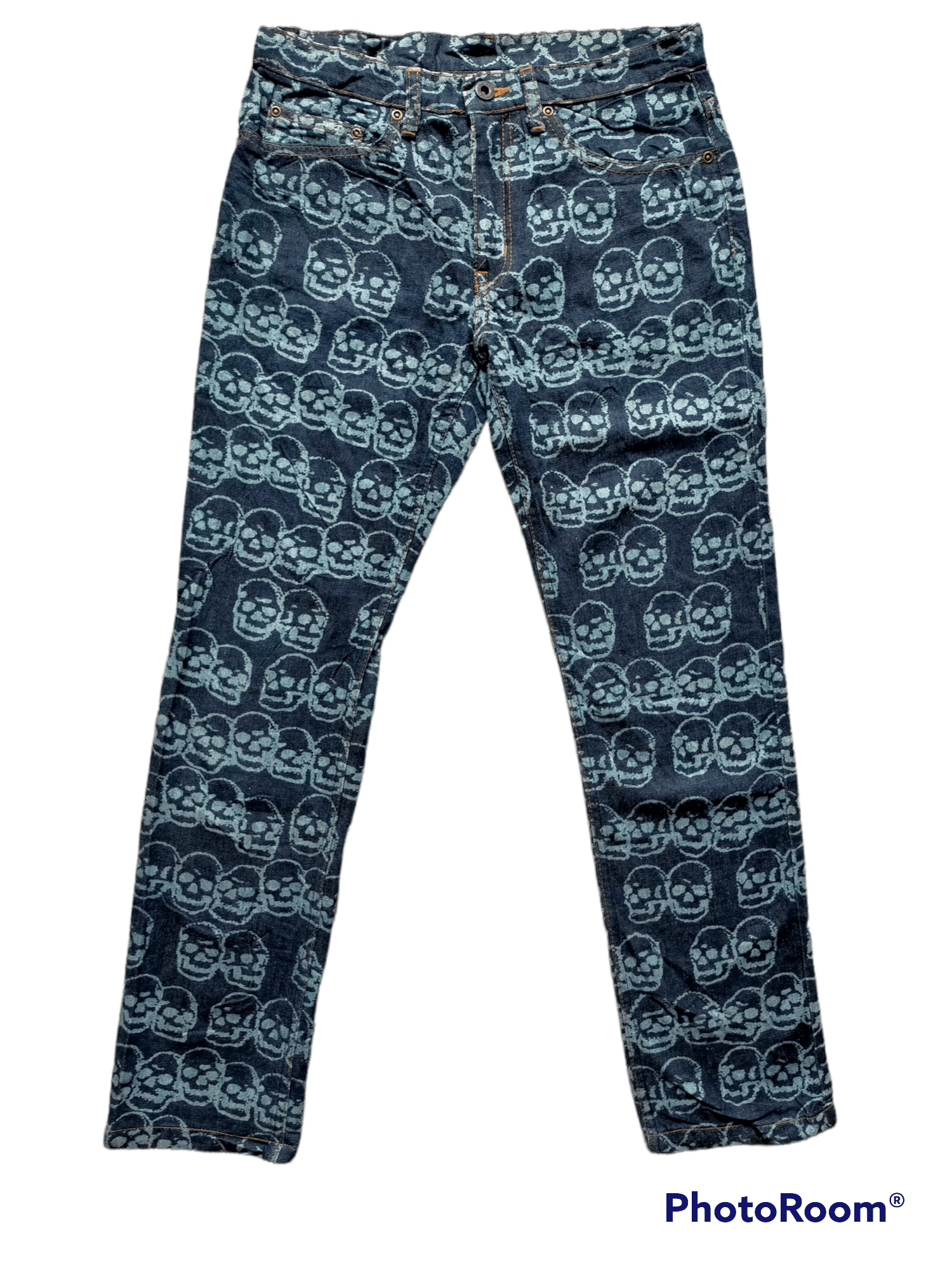 image of Vintage Hysteric Glamour Skull Head Over Printed Jeans in Blue, Men's (Size 30)