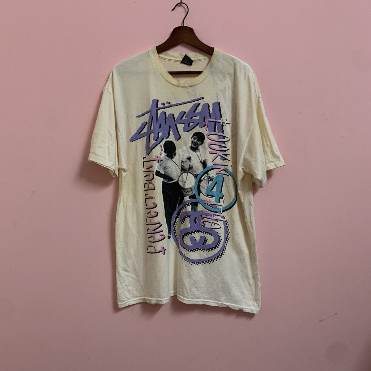 image of Send Offers Vintage Stussy All Over Printed Tee Tshirt in Cream, Men's (Size Large)