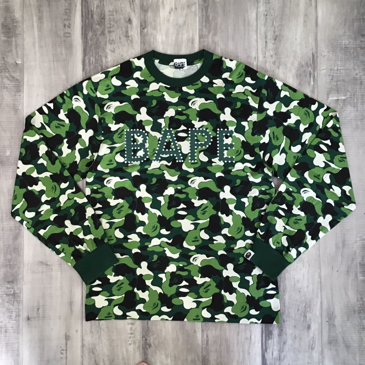 image of Bape Swarovski Logo Abc Camo Green Long-Sleeved T-Shirt Ape, Men's (Size Medium)