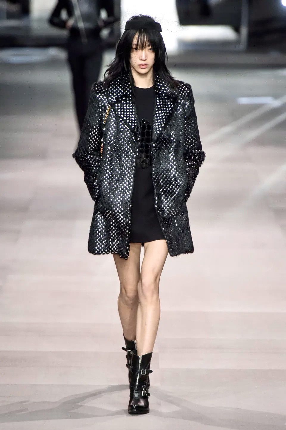 Celine by Slimane runway fur studded coat ss 2019